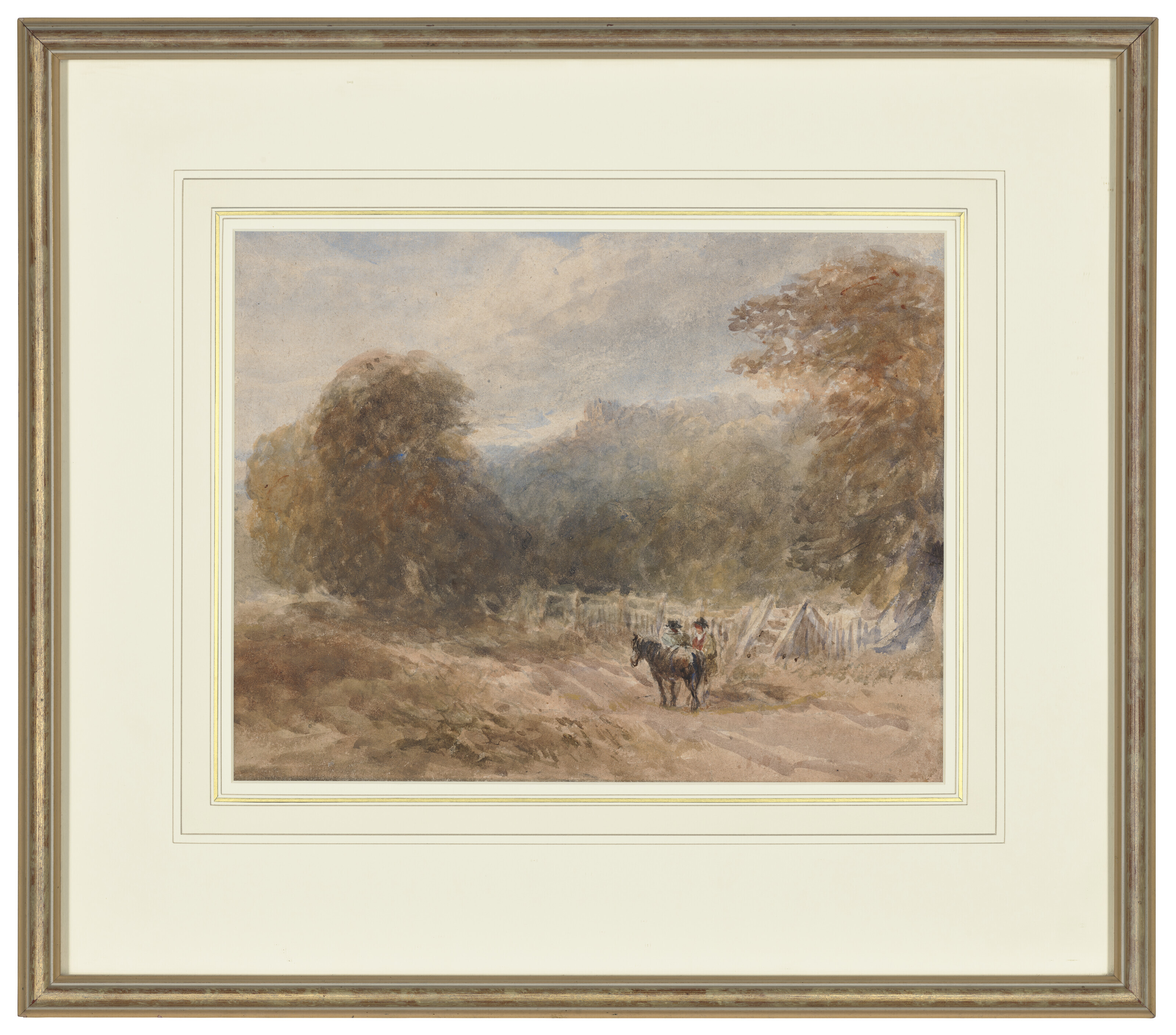 David Cox — Фигуры с пони у забора, замком за ним (справа ) и изображением деревьев ( сзади ), изображение 3
