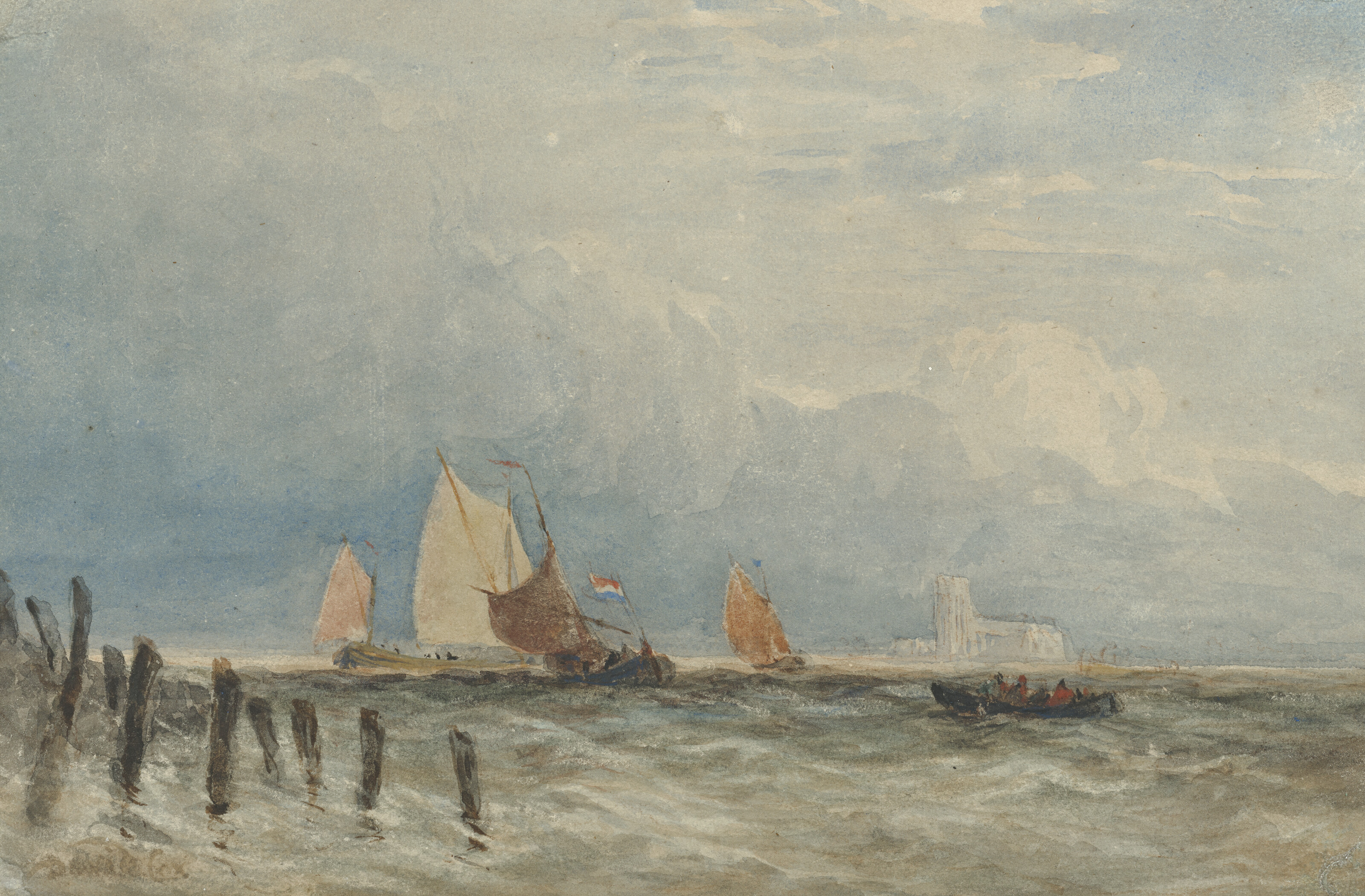 David Cox — Недалеко от побережья можно заняться голландской рыбалкой, а вдалеке - Гроте Керк, Дордрехт, изображение 1