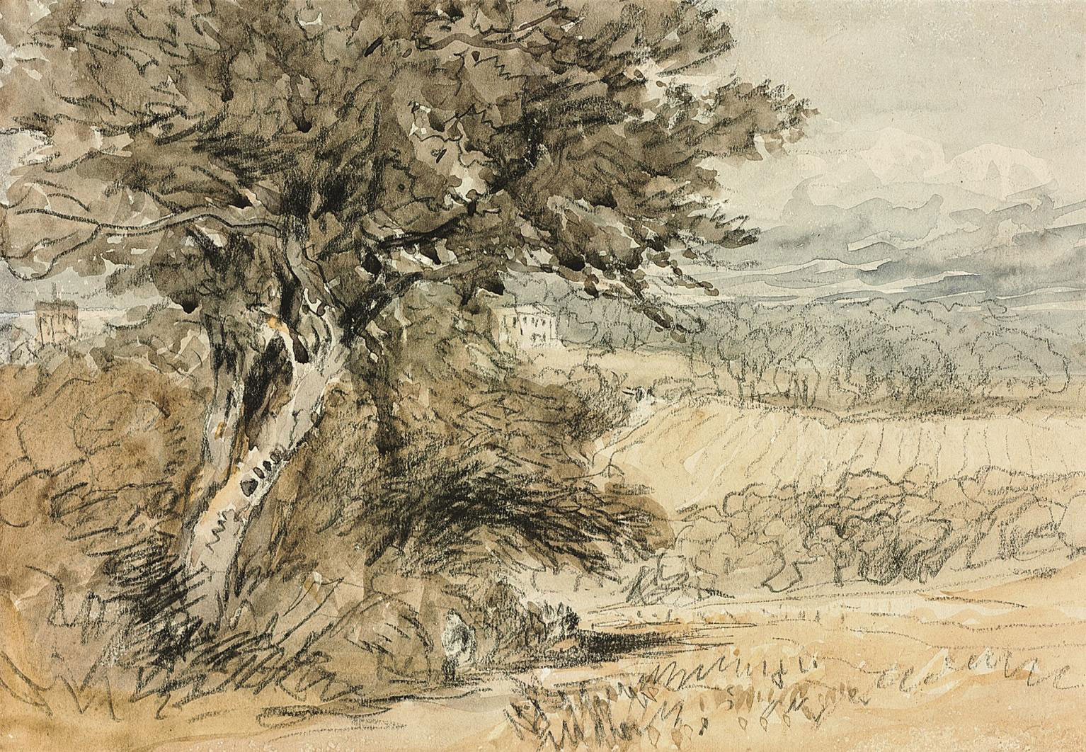 David Cox — Вид на Харборнскую церковь и Харборн-холл, Бирмингем (справа); с дополнительным карандашным наброском фигуры верхом на лошади на фоне пейзажа (оборотная сторона )