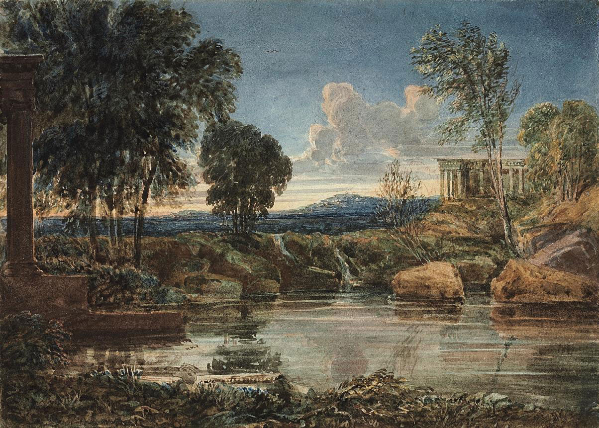 David Cox — Пейзаж в стиле каприччио с храмом за ним