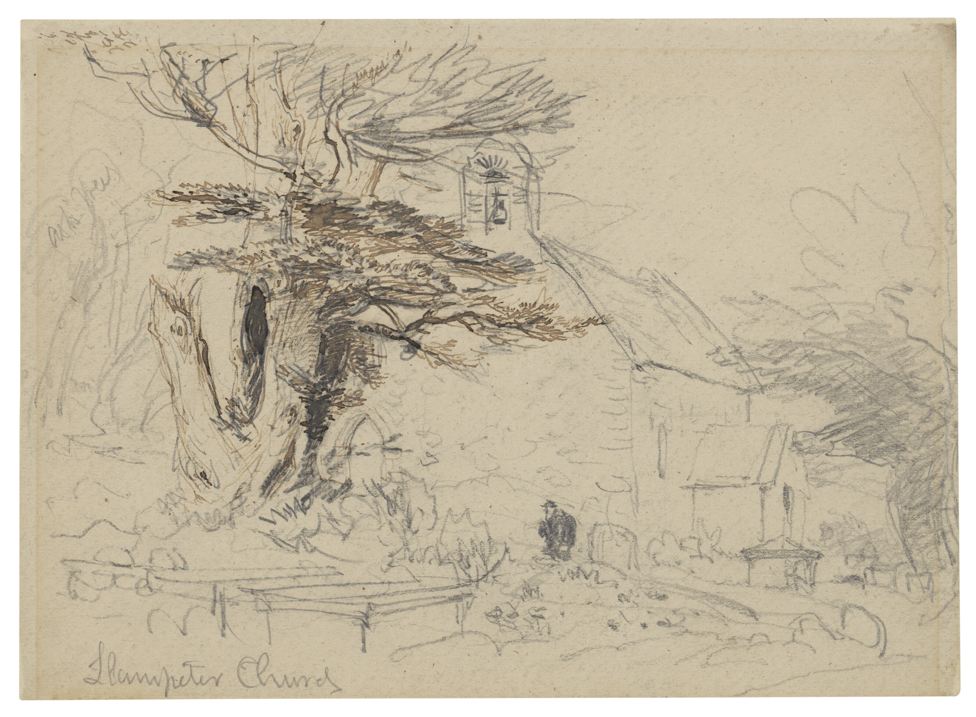 David Cox — Церковь Ллампетер, Уэльс; с дополнительным исследованием здания и деревьев (оборотная сторона )
