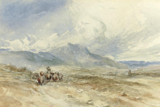 David Cox — Крупный рогатый скот и погонщик на фоне горного ландшафта, Северный Уэльс