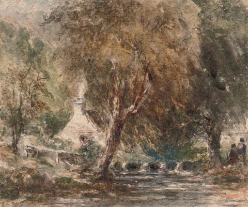 David Cox — Фигуры на берегу реки в лесистом пейзаже