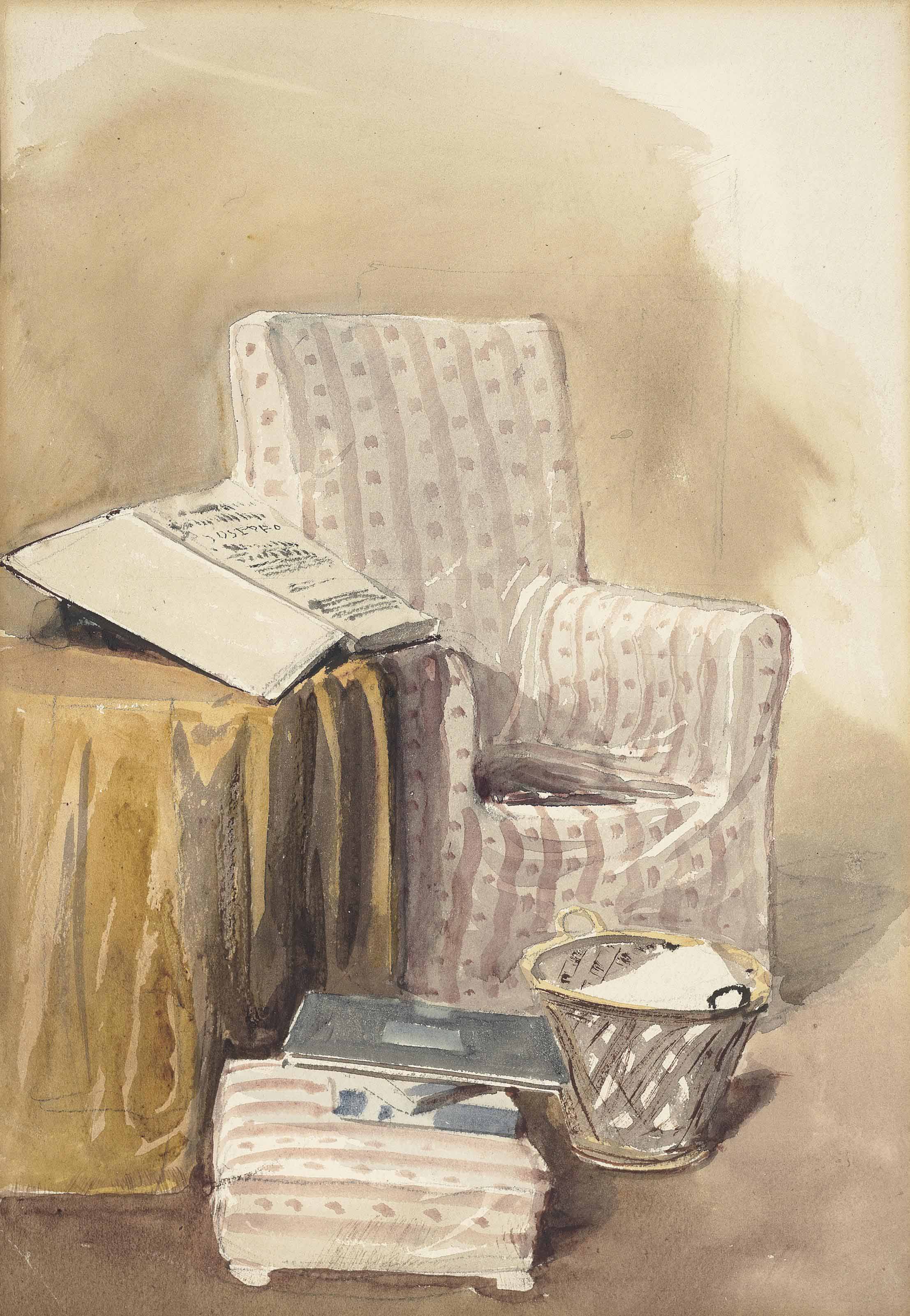 David Cox — Натюрморт из кресла, корзины для бумаг и раскрытой книги