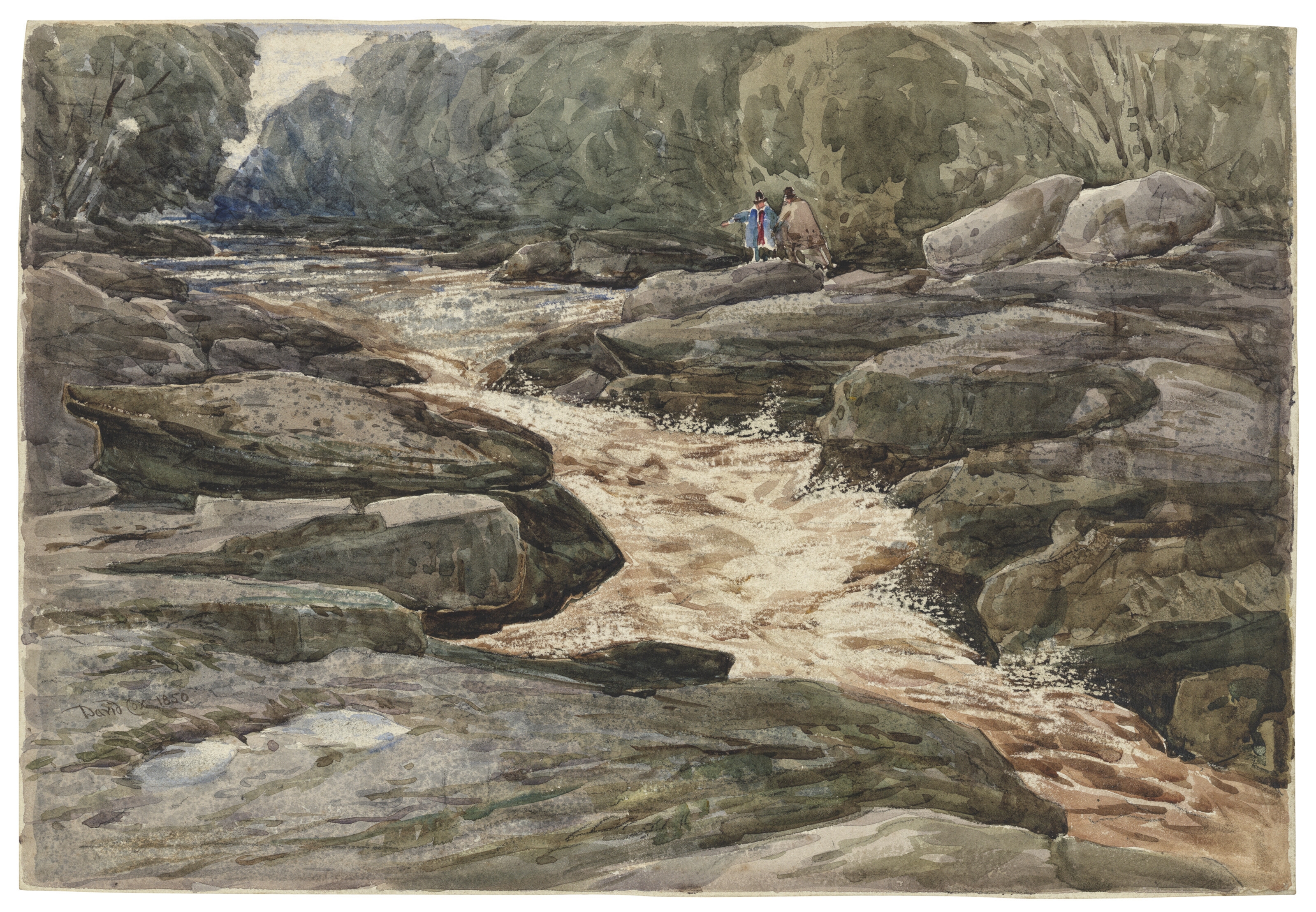 David Cox — Двое мужчин любуются пенящимися водопадами реки, Северный Уэльс
