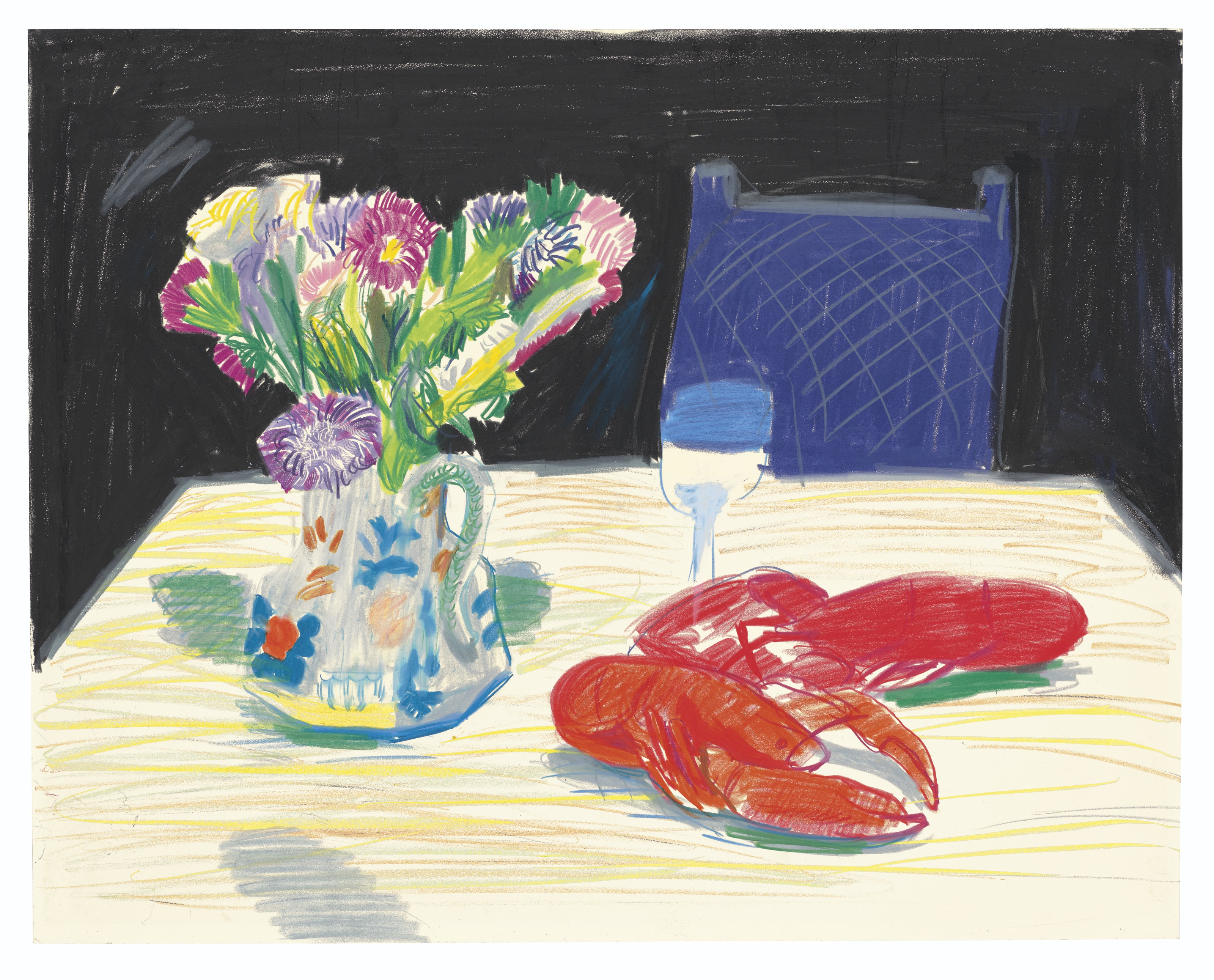 David Hockney — Натюрморт с цветами и омарами в ресторане Odin's