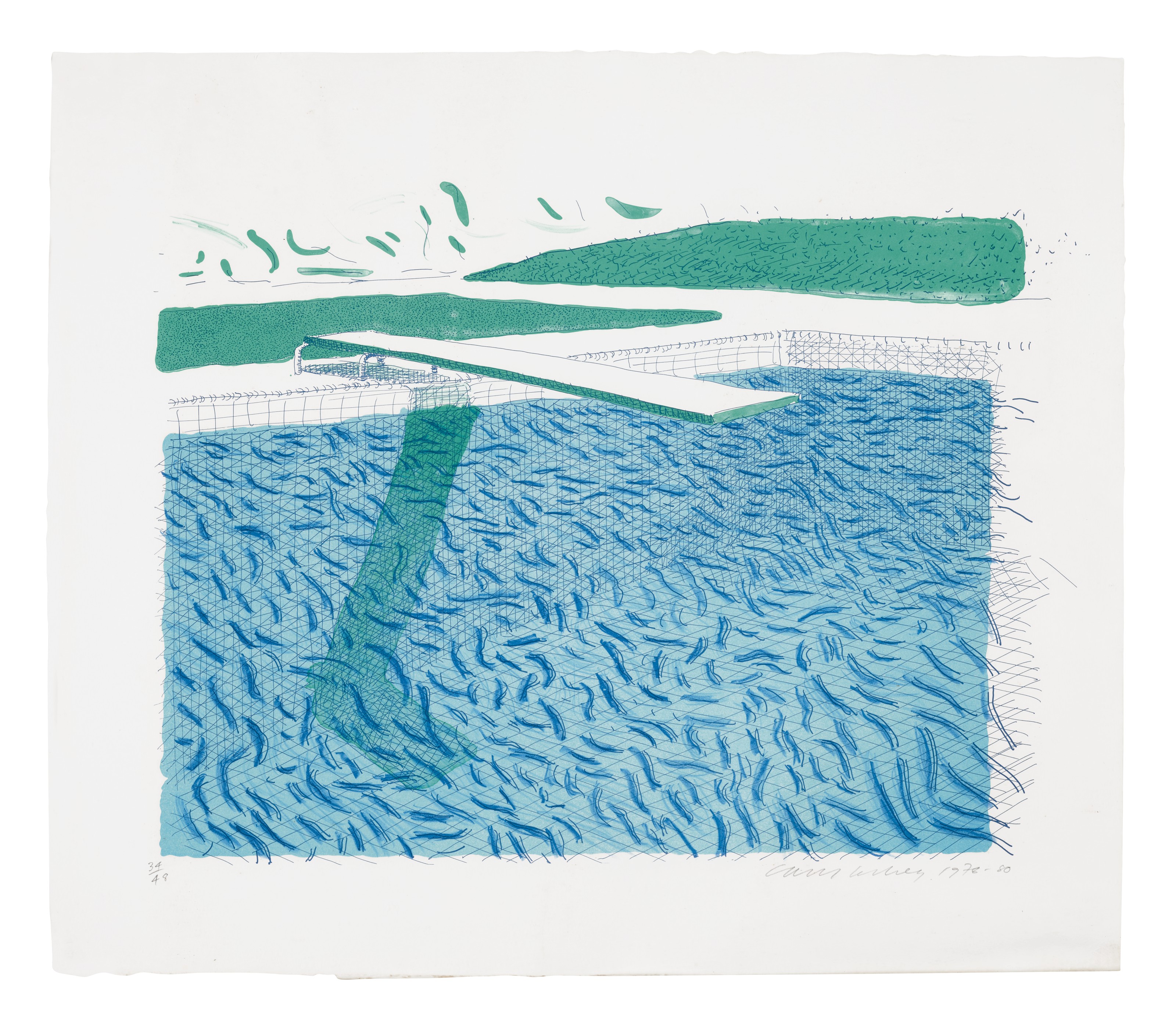 David Hockney — Литографская вода, выполненная из линий, мелка и синей краски, изображение 1