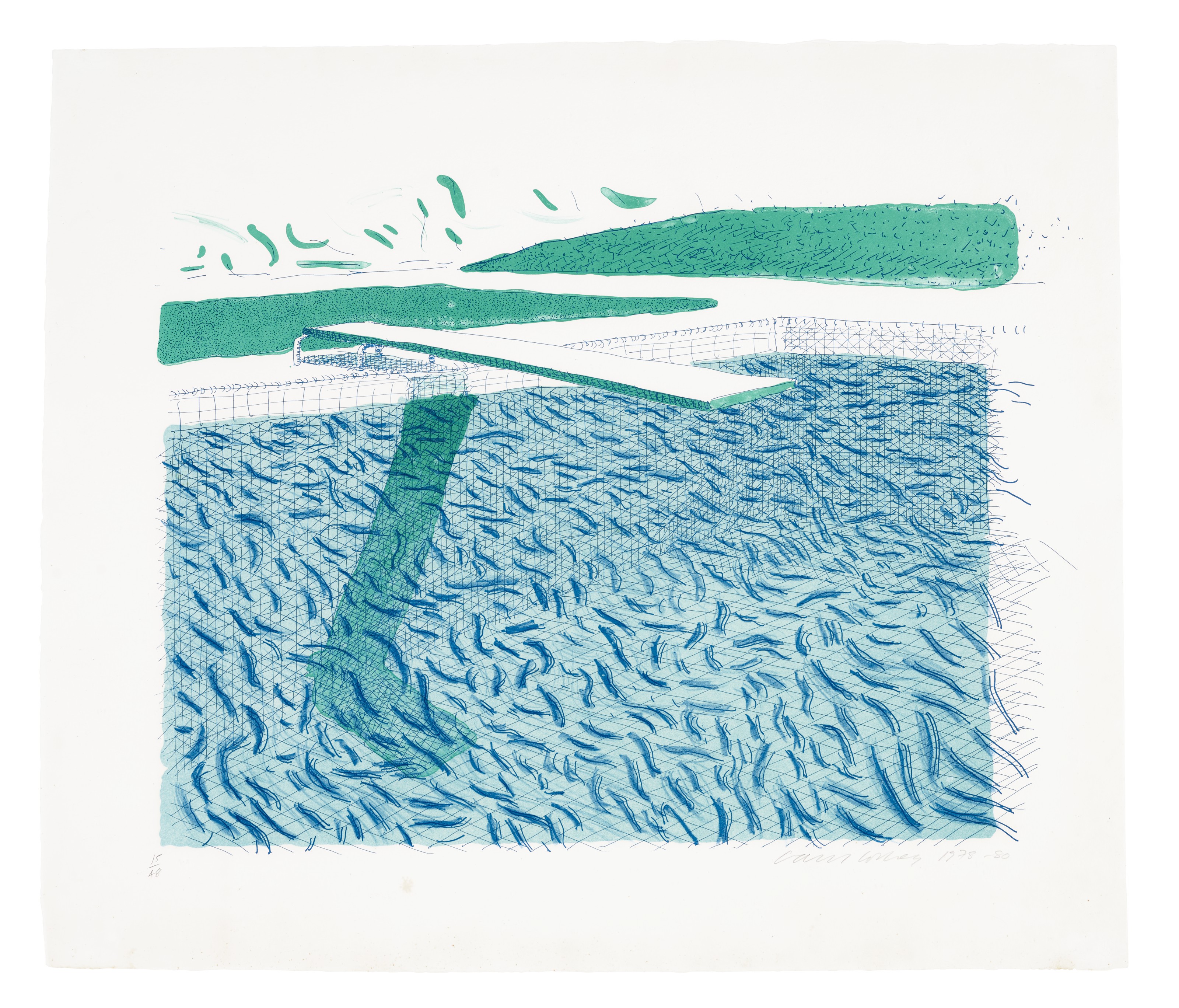 David Hockney — Литографская вода, выполненная из линий, мелка и синей краски
