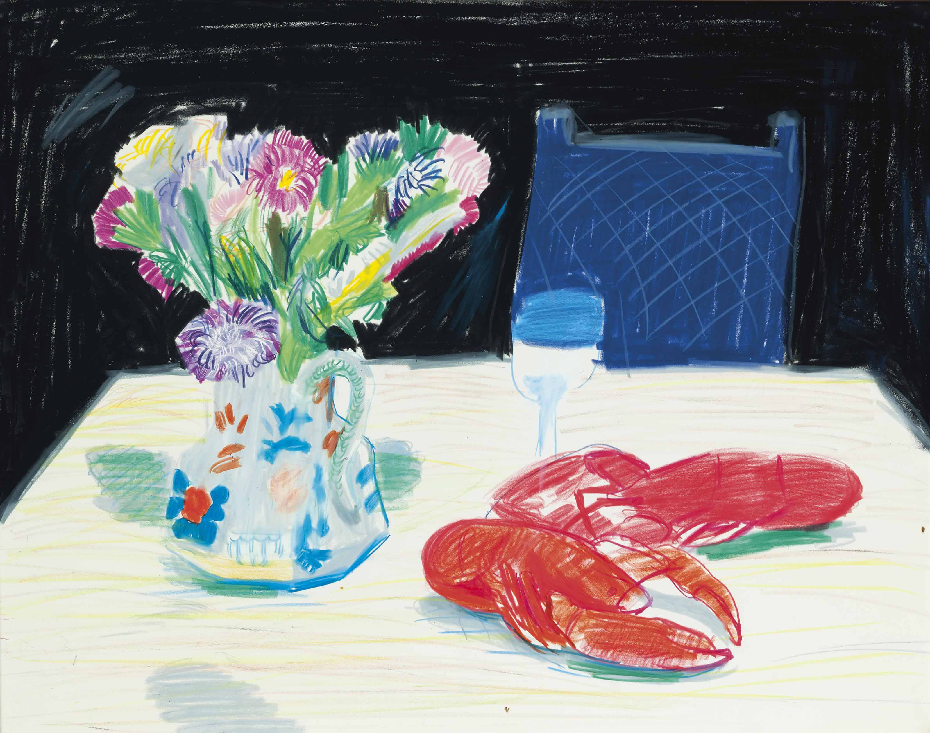David Hockney — Натюрморт с цветами и омарами в ресторане Odin's