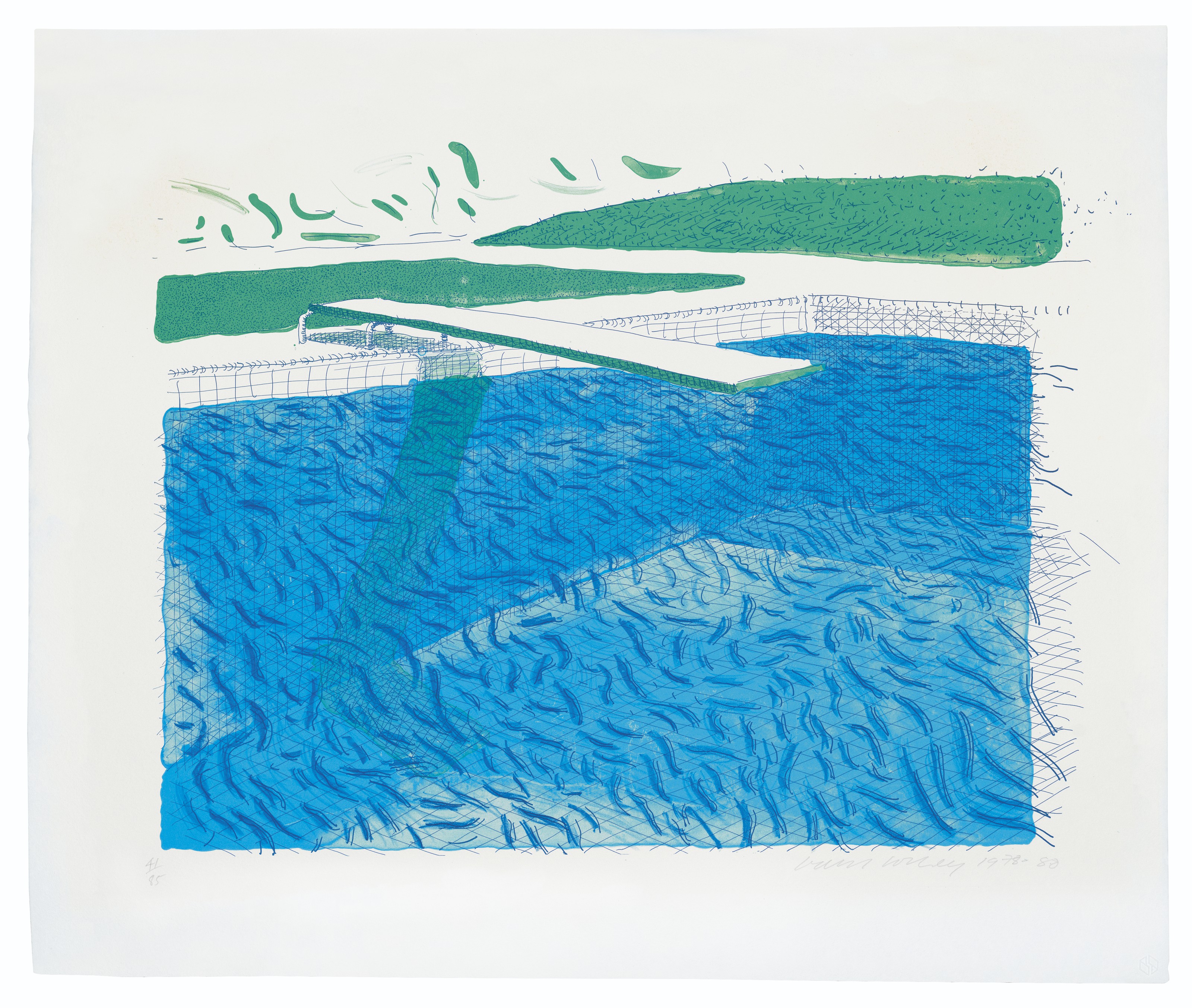 David Hockney — Литографская вода, сделанная из линий, цветного карандаша и двух синих промывок
