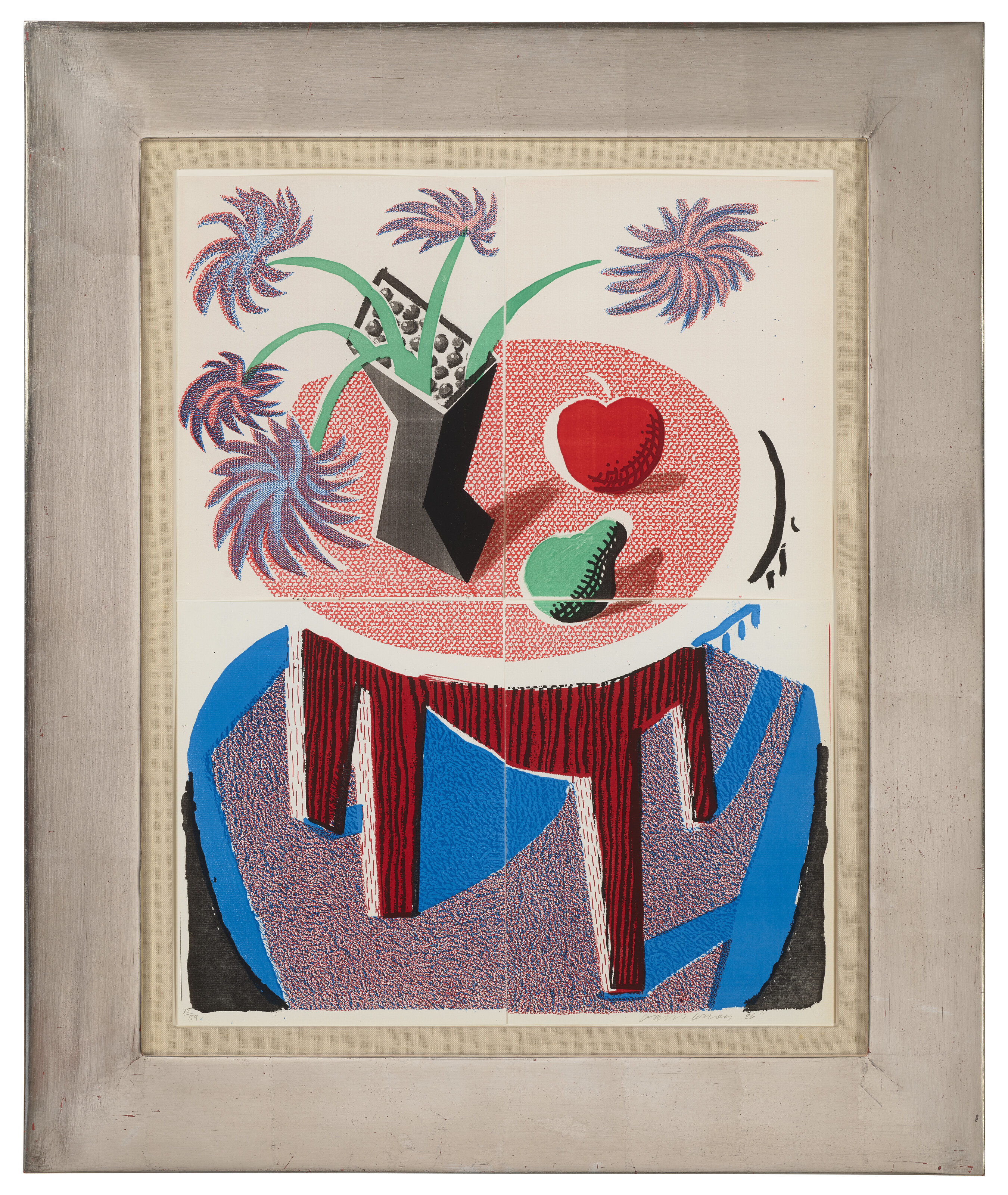 David Hockney — Цветы, яблоки и груши на столе, июль 1986