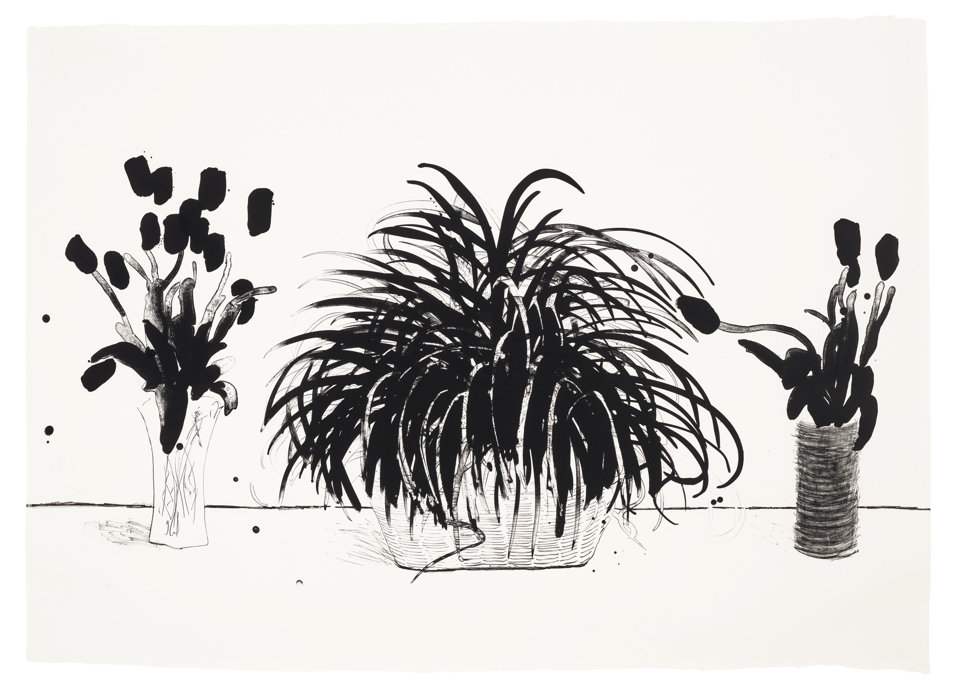 David Hockney — Две вазы со срезанными цветами и растение Лириопа, изображение 1