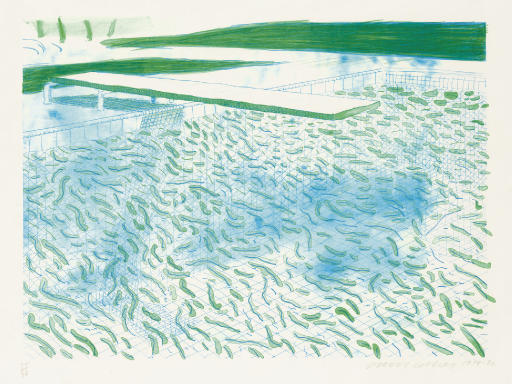 David Hockney — Литография с изображением воды, состоящей из линий и зеленой полосы (T. 247; M.C.A.T. 204)