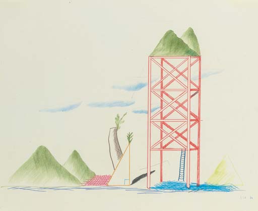David Hockney — Пейзаж на платформе (рисунок синей гитары)