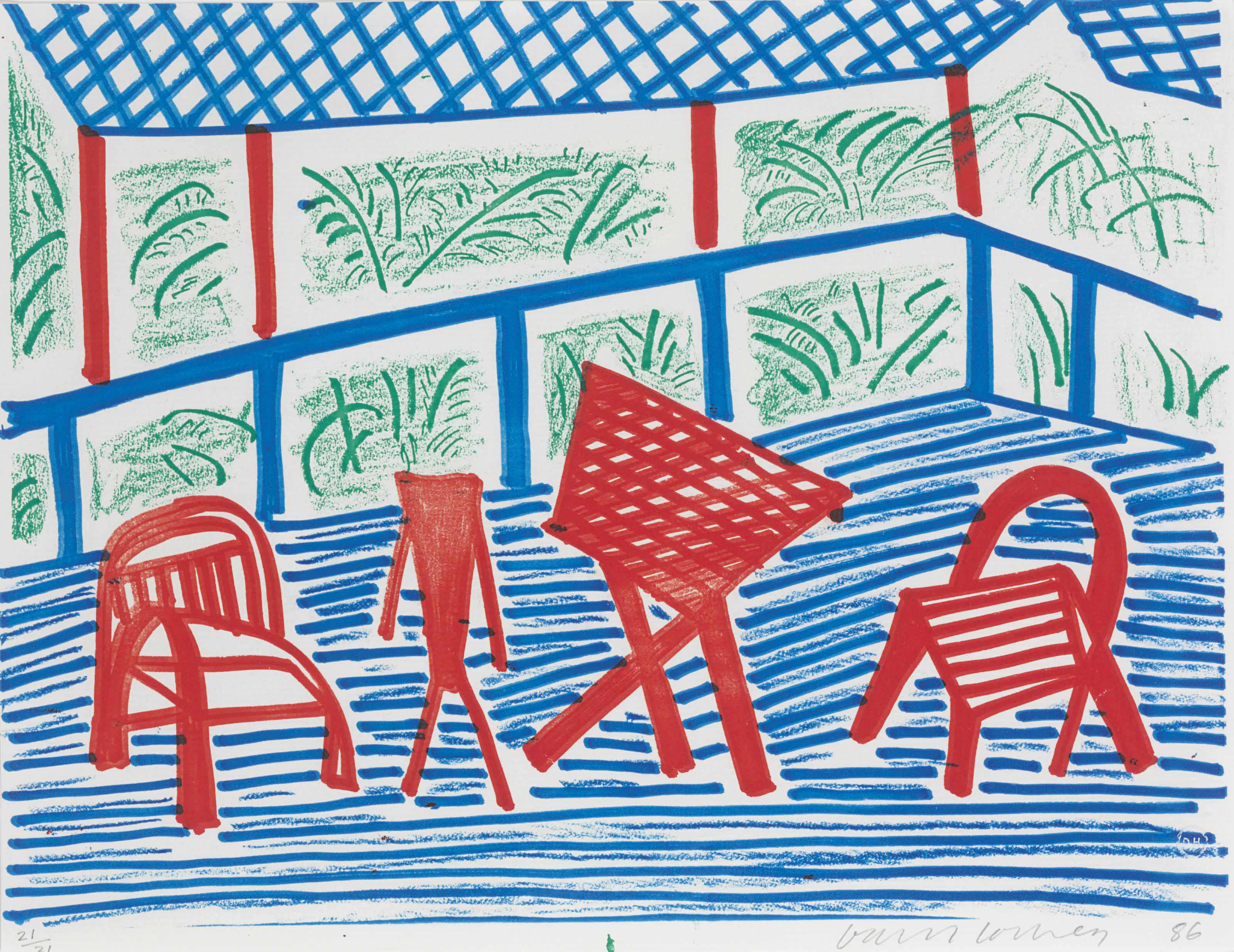 David Hockney — Два красных стула и стол, март 1986 года