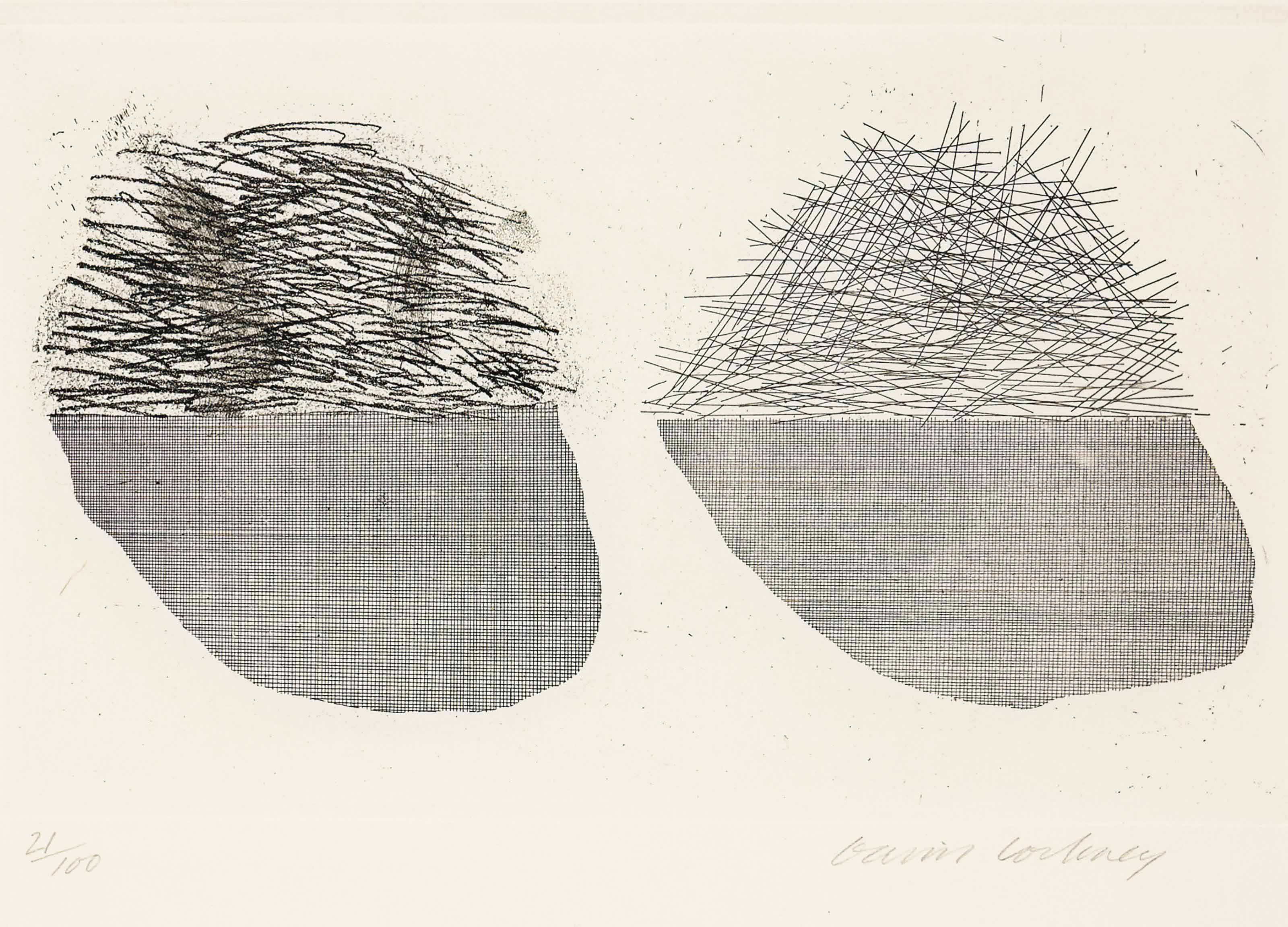 David Hockney — Слева - солома, справа - золото, Планш, 36 выпуск "Румпельштильцхен", Шесть сказок братьев Гримм (Шотландский художественный совет, 105 ; Токио, 102).