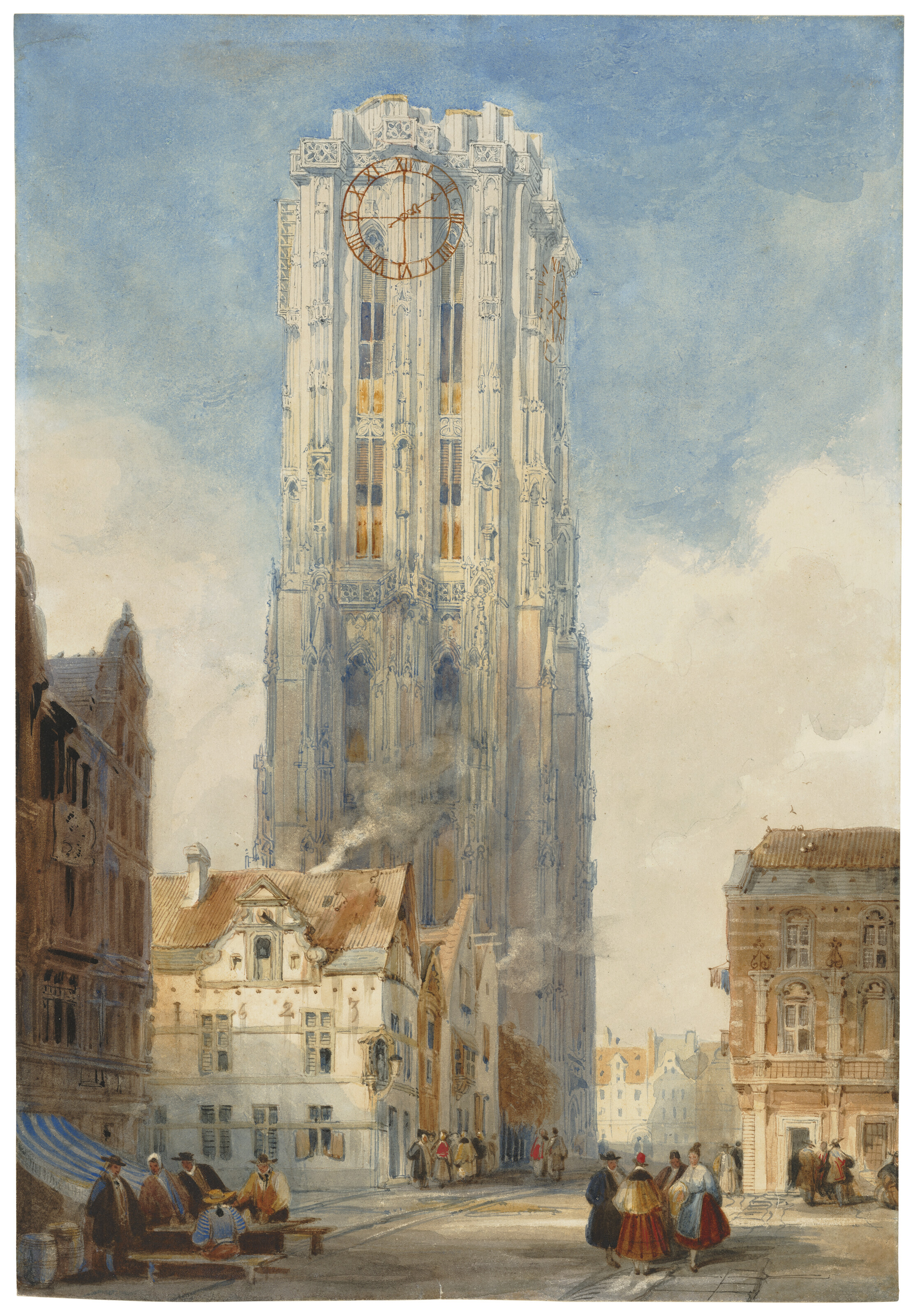 David Roberts — Уличная сцена в Малине (Мехелен), Бельгия, с кафедральным собором, изображение 1