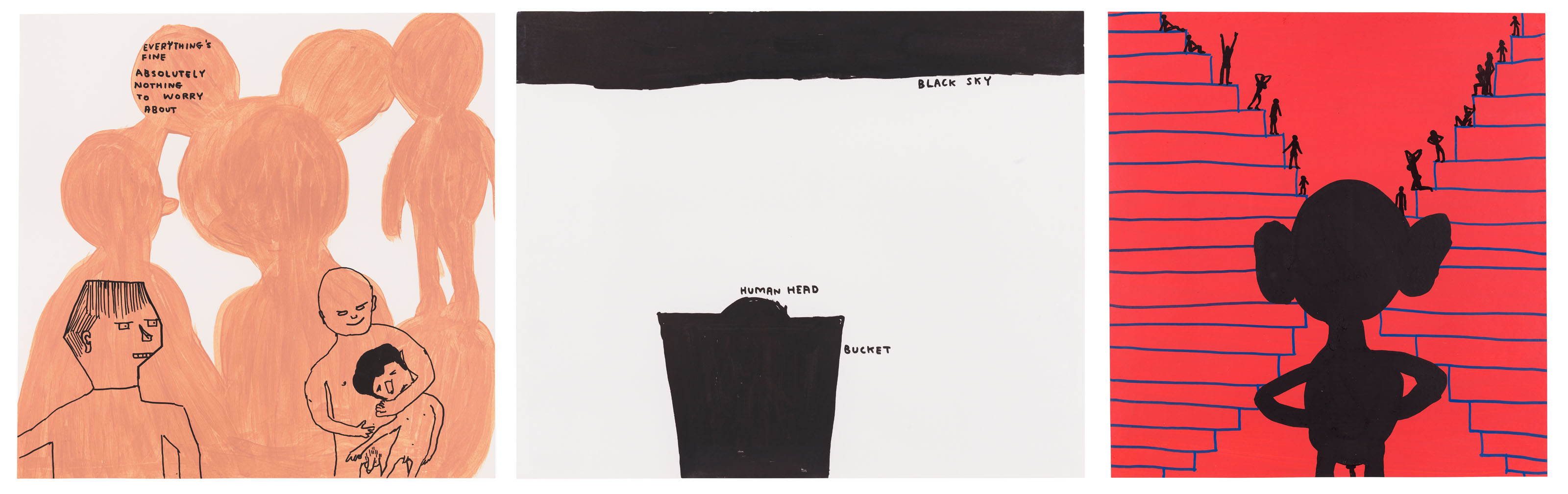 David Shrigley — (i) Все в порядке (ii) Черное небо (iii) Силуэт на красном фоне