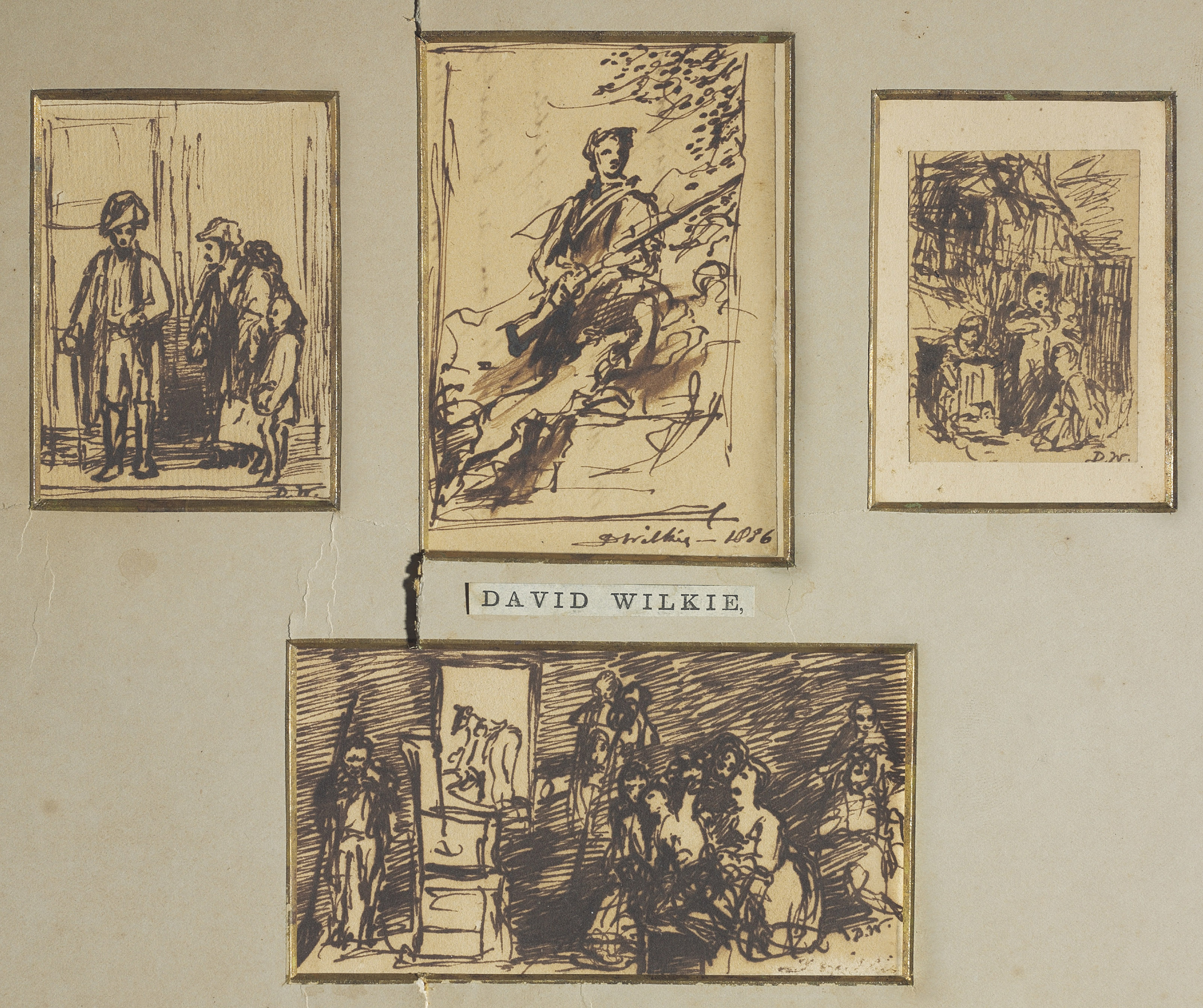 David Wilkie — Пять этюдов с фигурами: возможно, Георг IV в шотландском наряде (иллюстрированный), с изображением танцующих фигур (оборотная сторона); и четыре различных этюда, смонтированных вместе, изображение 2