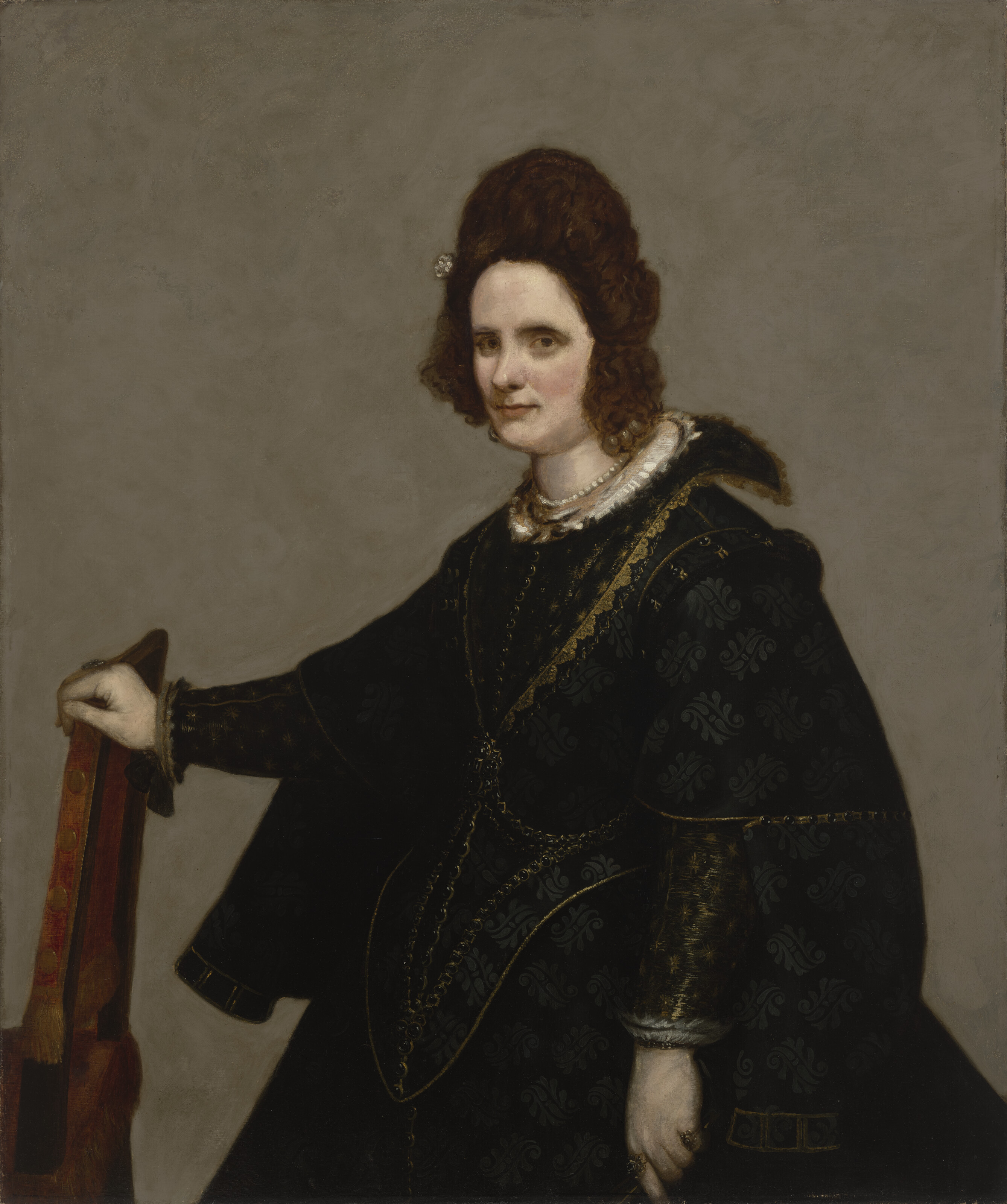 Diego Velázquez — Портрет дамы, вероятно, Леонор Марии де Гусман (1591-1654), графини Монтеррейской, в полный рост, в камзоле из золотой парчи и черном дамастовом платье поверх