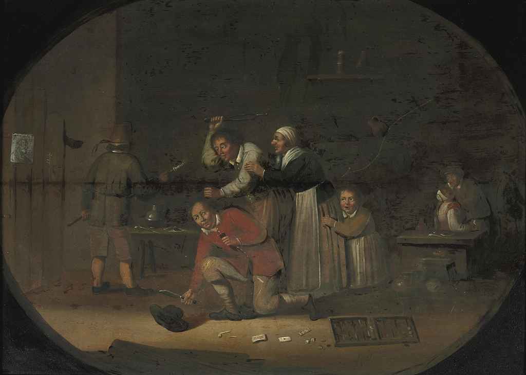 Dutch School — Крестьяне ссорятся и веселятся на постоялом дворе, в раскрашенном овальном