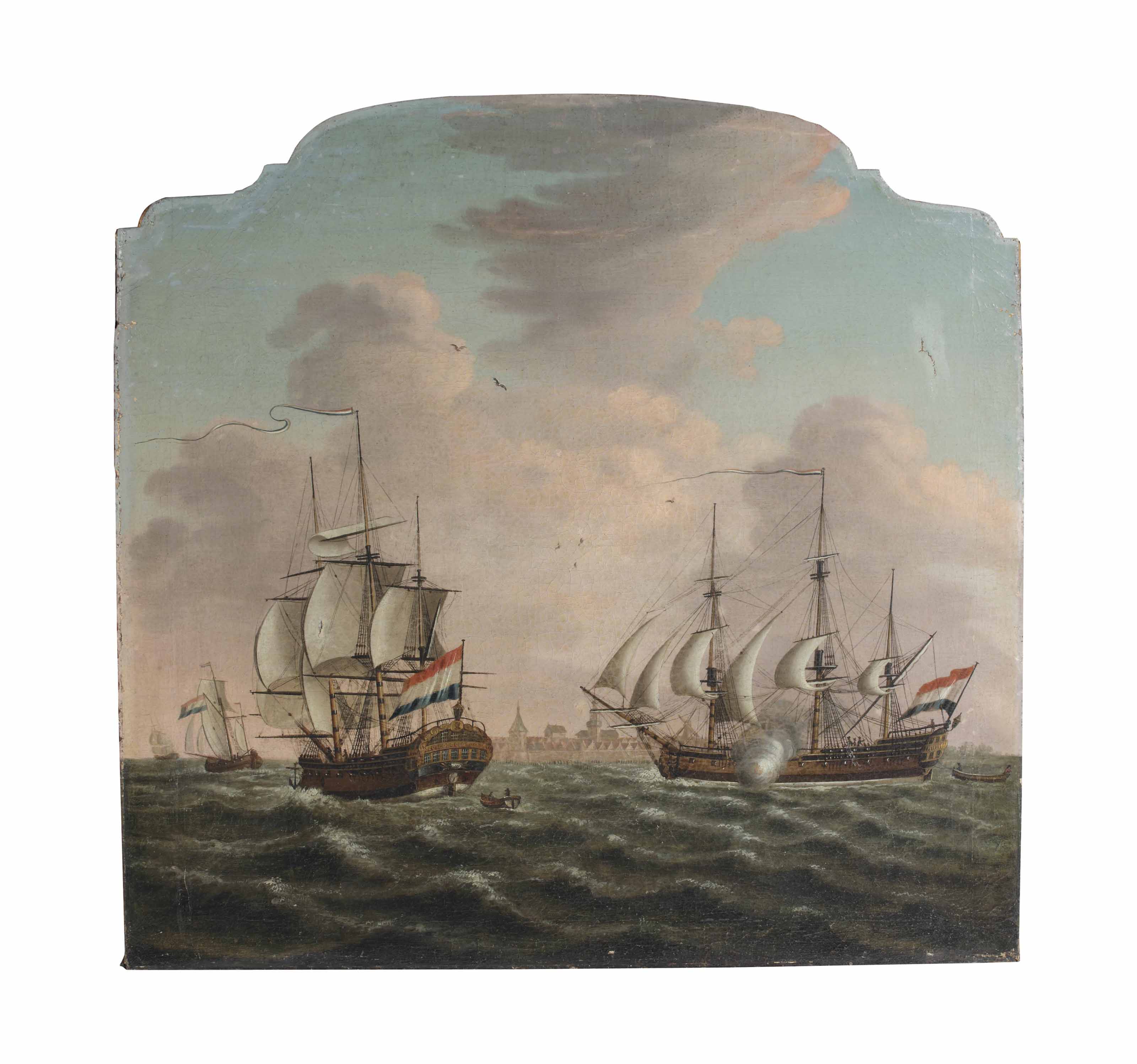 Dutch School — Голландский флот, плывущий вблизи береговых укреплений