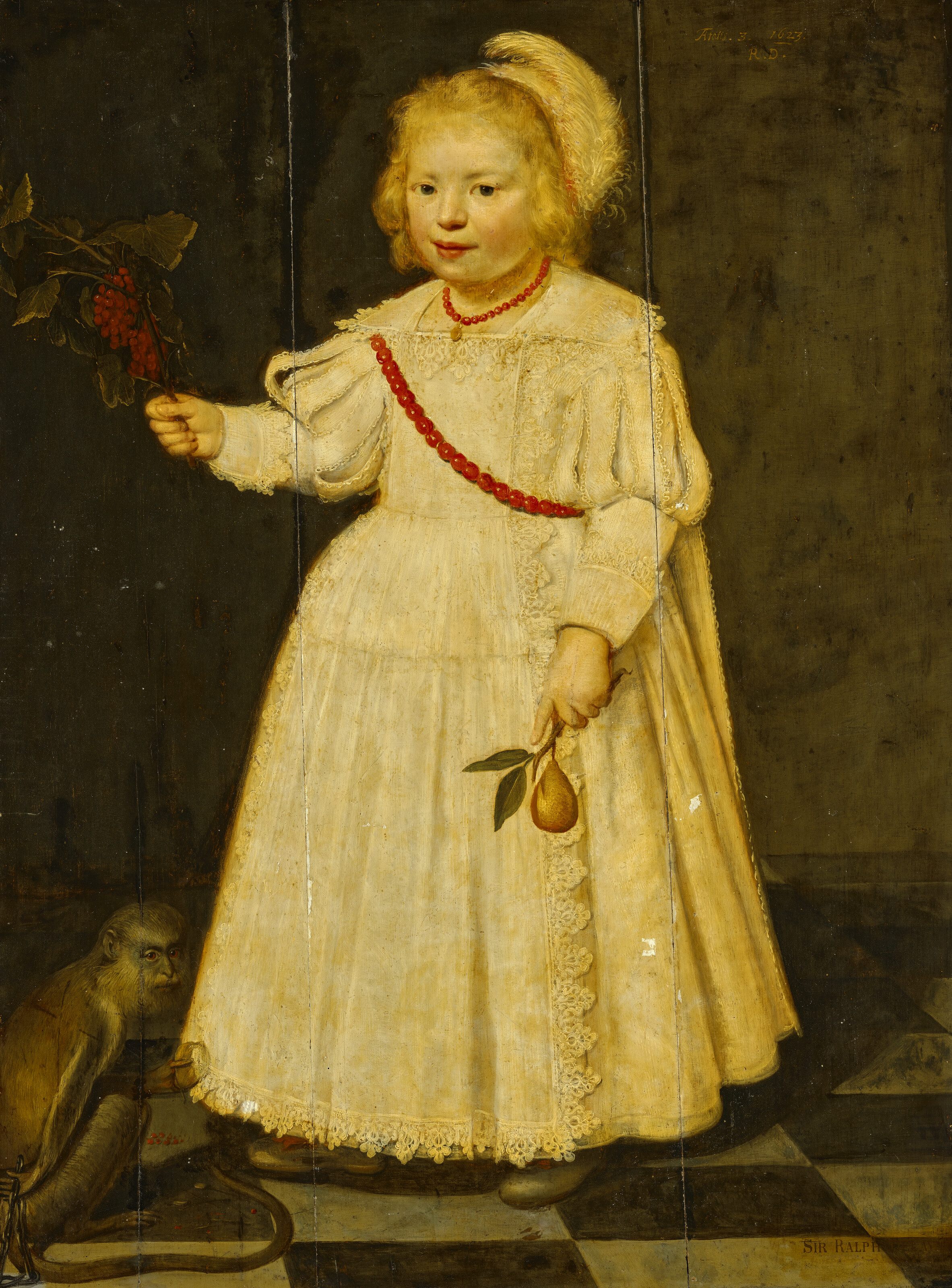 Dutch School — Портрет маленького мальчика, предположительно Ральфа Делавала (1622-1691), в полный рост, с красной смородиной и грушей в руках, с обезьяной
