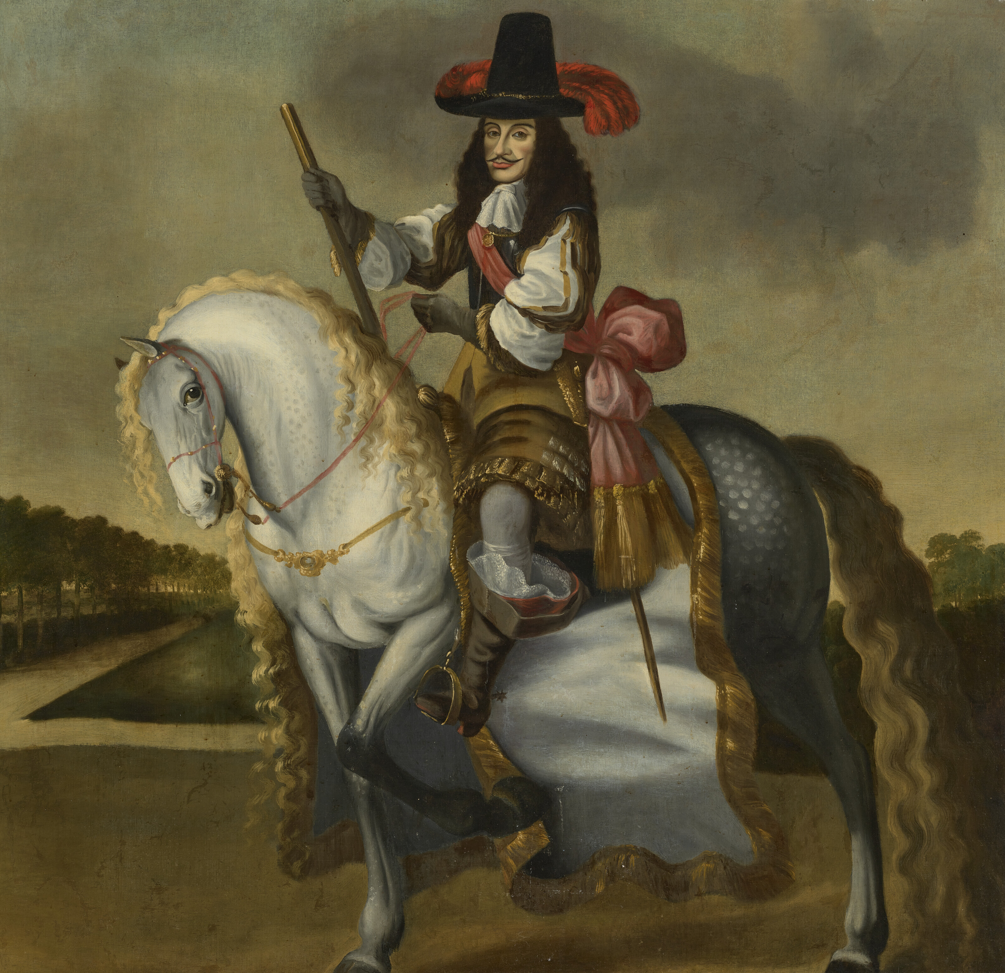 Dutch School — Конный портрет короля Карла II (1630-1685), установленный на сером коне на фоне пейзажа, изображение 2