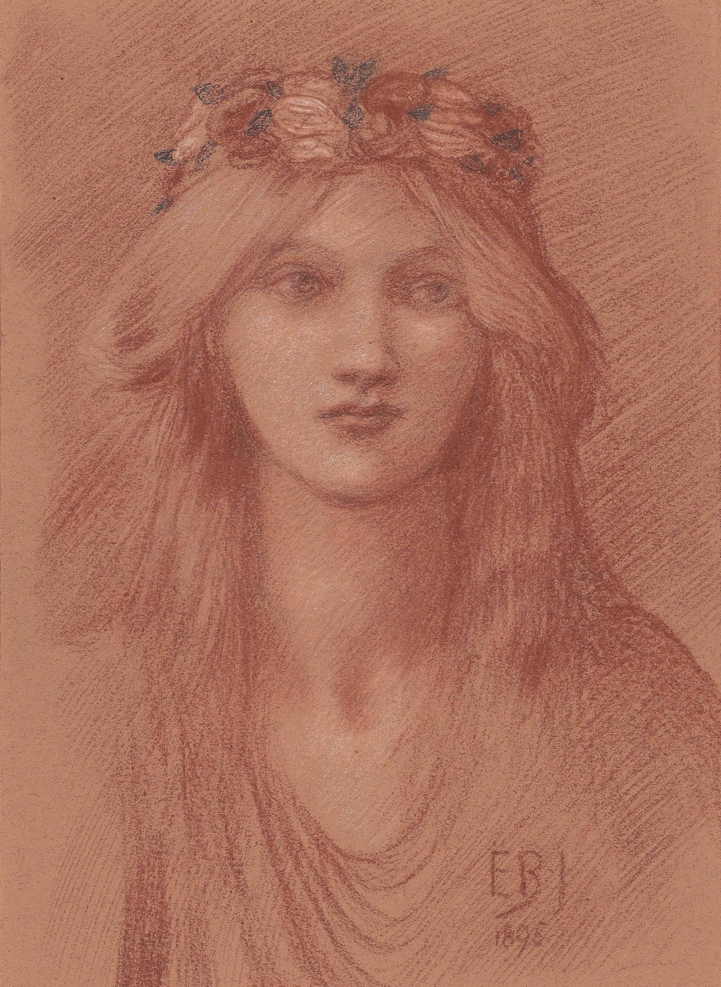 Edward Burne-Jones — Портрет леди Гвендолен Гаскойн-Сесил (1860-1945), во весь рост, с венком из красных и белых роз в волосах