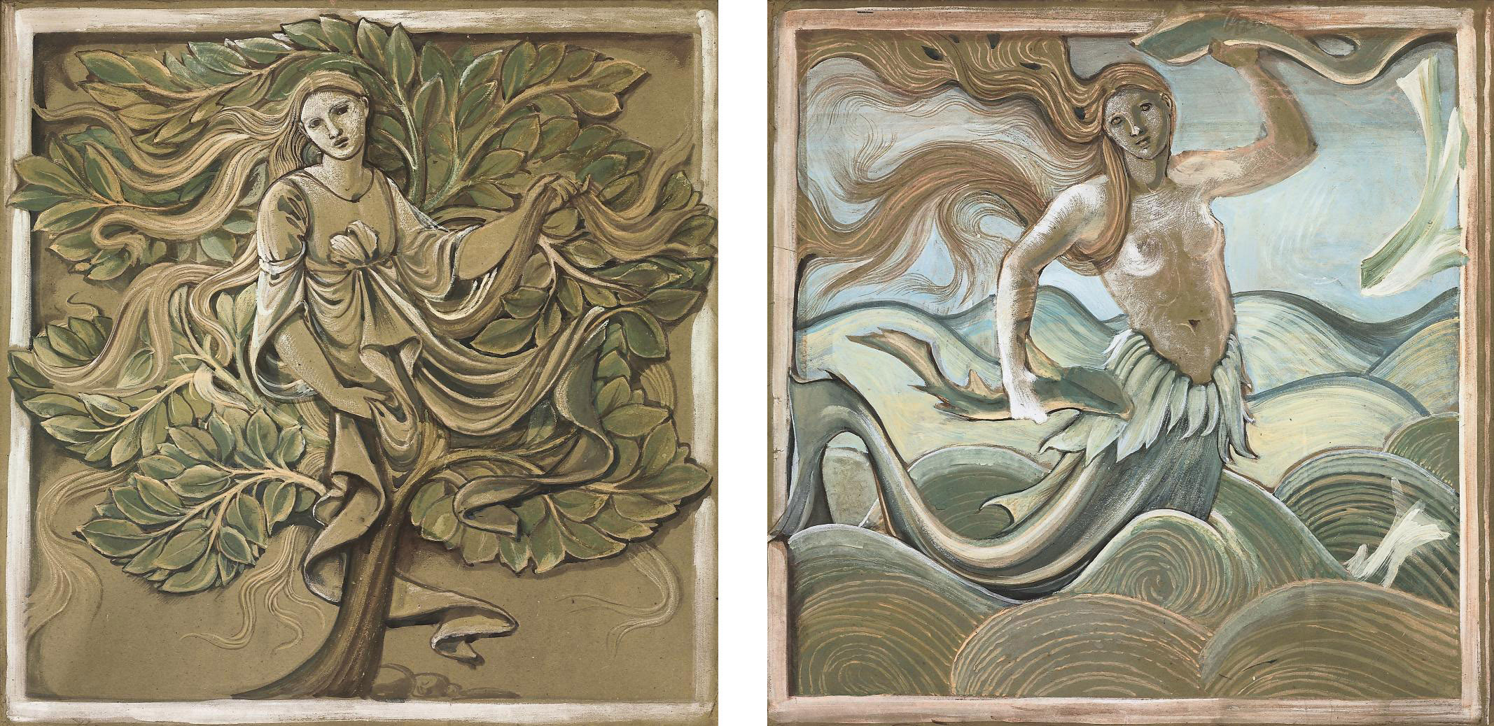 Edward Burne-Jones — Рисунки для скульптурных рельефов: Морская нимфа и лесная нимфа