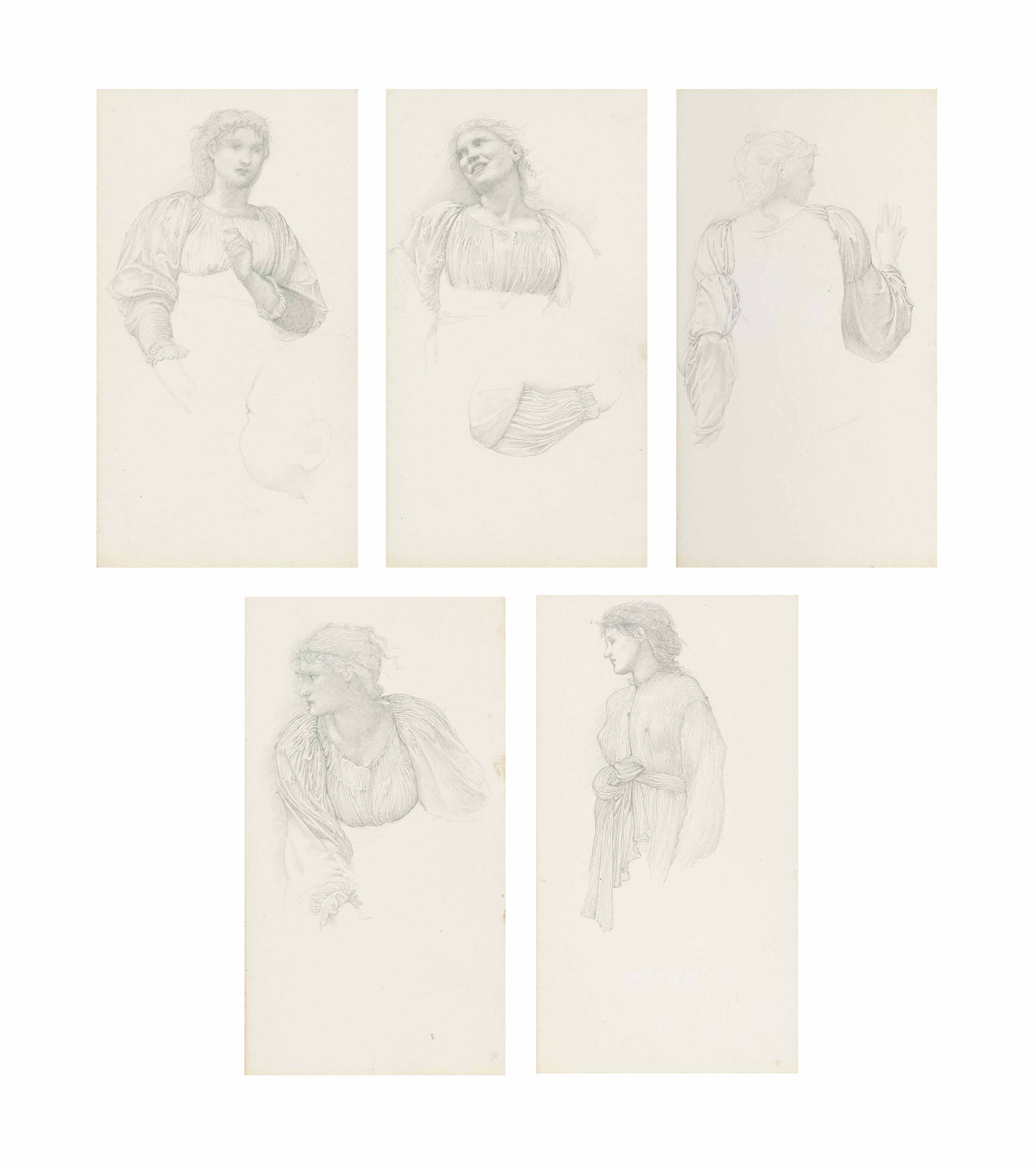 Edward Burne-Jones — Этюды для "Золотой лестницы": этюды женской фигуры, в том числе, возможно, Маргарет Берн-Джонс и Мэри Стюарт Уортли, один с дополнительным этюдом драпировки (оборотная сторона) и один с этюдом для "Рождества Христова" (оборотная сторона).