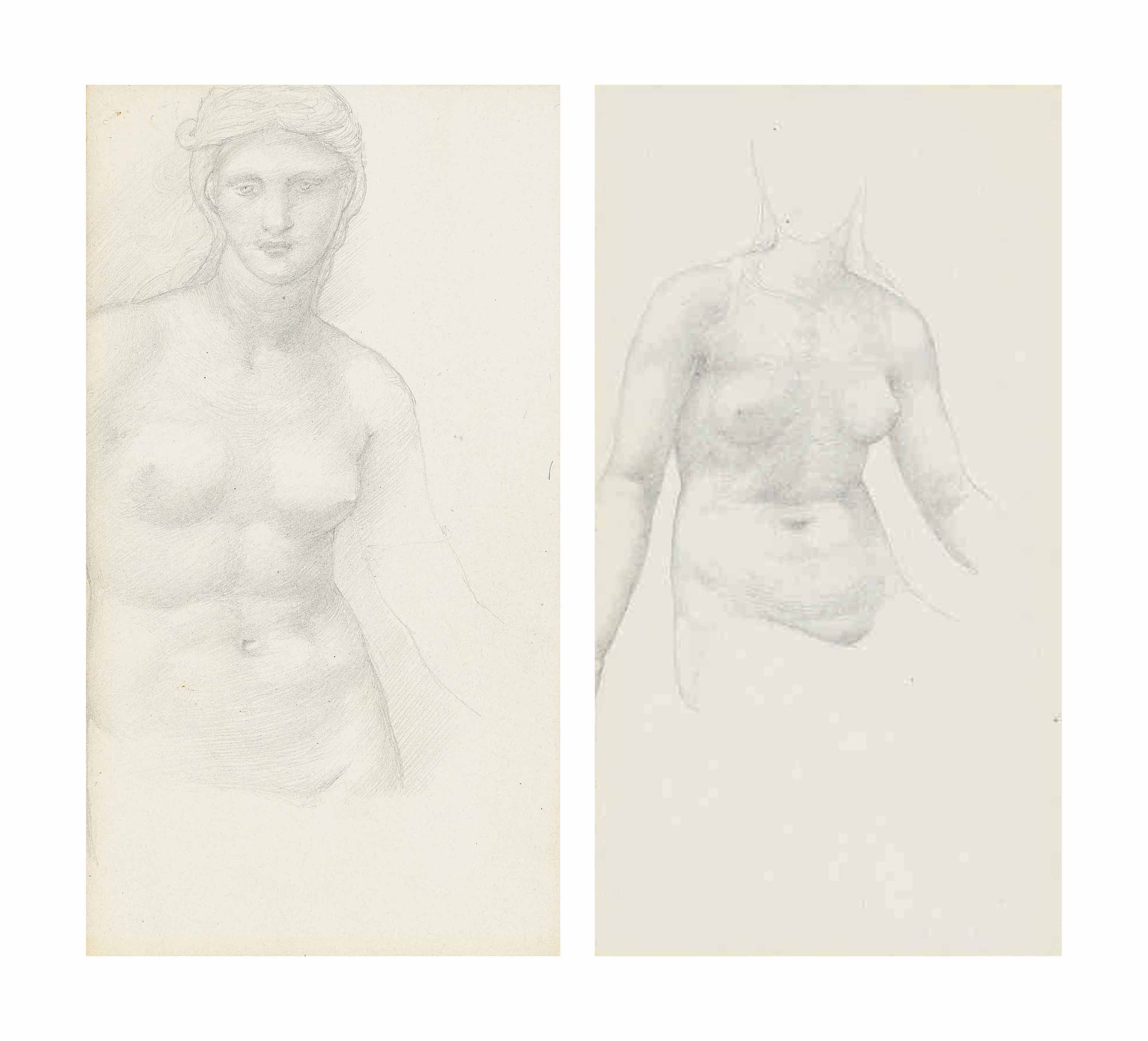 Edward Burne-Jones — Этюды обнаженной фигуры для "Terra Omniparens", три четверти длины, один в положении сидя, другой с двумя этюдами головы младенца (оборотная сторона )