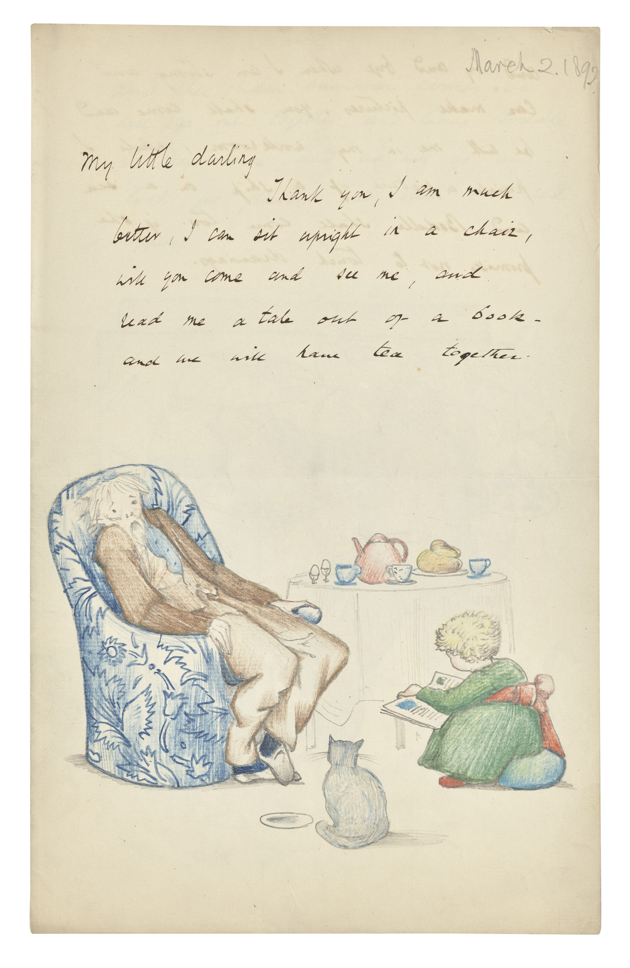 Edward Burne-Jones — 20 писем и открыток с автографами, из которых 19 иллюстрированы, внучке художника Анджеле Тиркелл (одно, по–видимому, ее матери, его дочери Маргарет), Роттингдин, Западный Кенсингтон и н.п., 14 февраля 1890 - Рождество 1893 и н. п., изображение 17