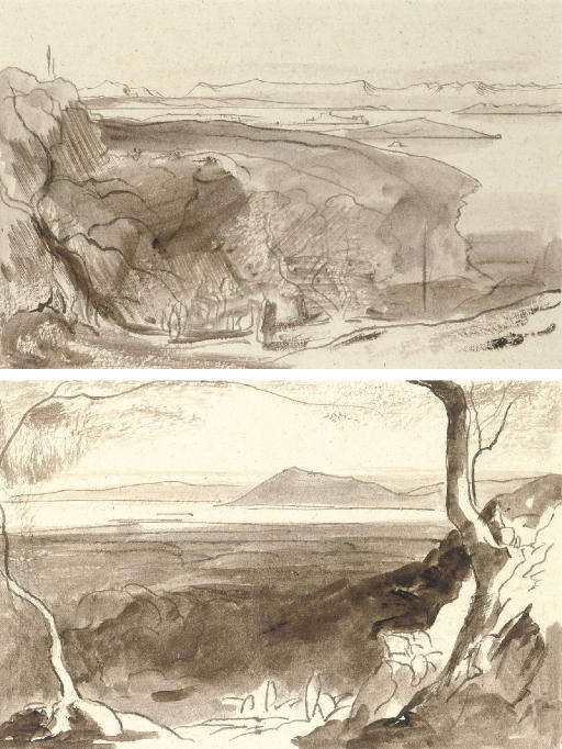 Edward Lear — Вид на Амаксичи и форт Санта-Мора; и вид на Корфу с дороги Беница, недалеко от Гастури, Корфу