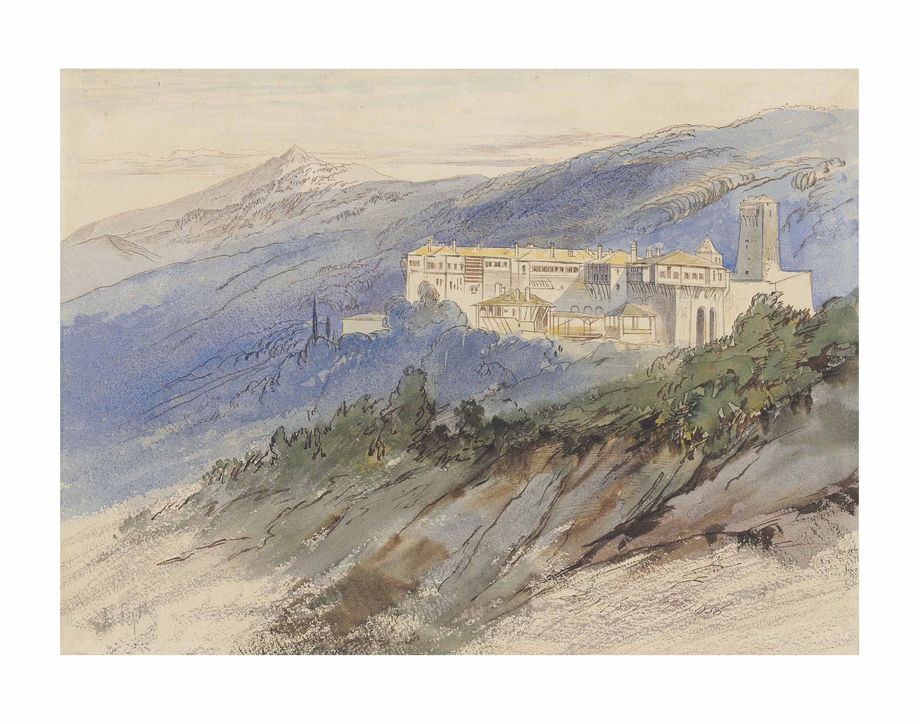 Edward Lear — Монастырь Кутлумусиу, гора Афон