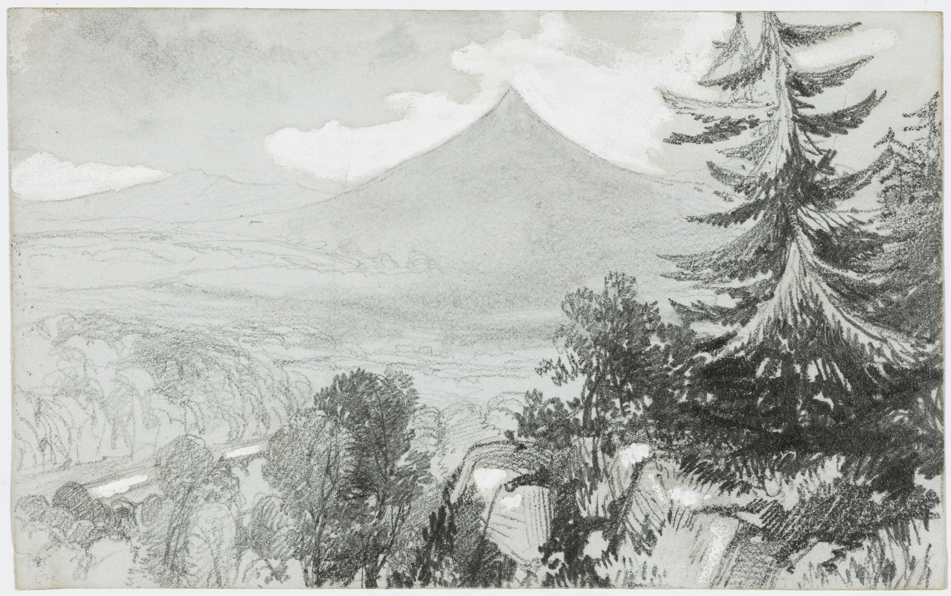 Edward Lear — Пять видов в графстве Уиклоу: Грейт и Литтл Шугарлоафс; Грейт и Литтл Шугарлоафс, снятые со скальпа; Фигуры на фоне деревьев, вероятно, во владениях Пауэрскорта; Озеро Лох-Тэй, смотрящее на север; и Брей с Маленьким Сахарным рулетом вдалеке, изображение 3