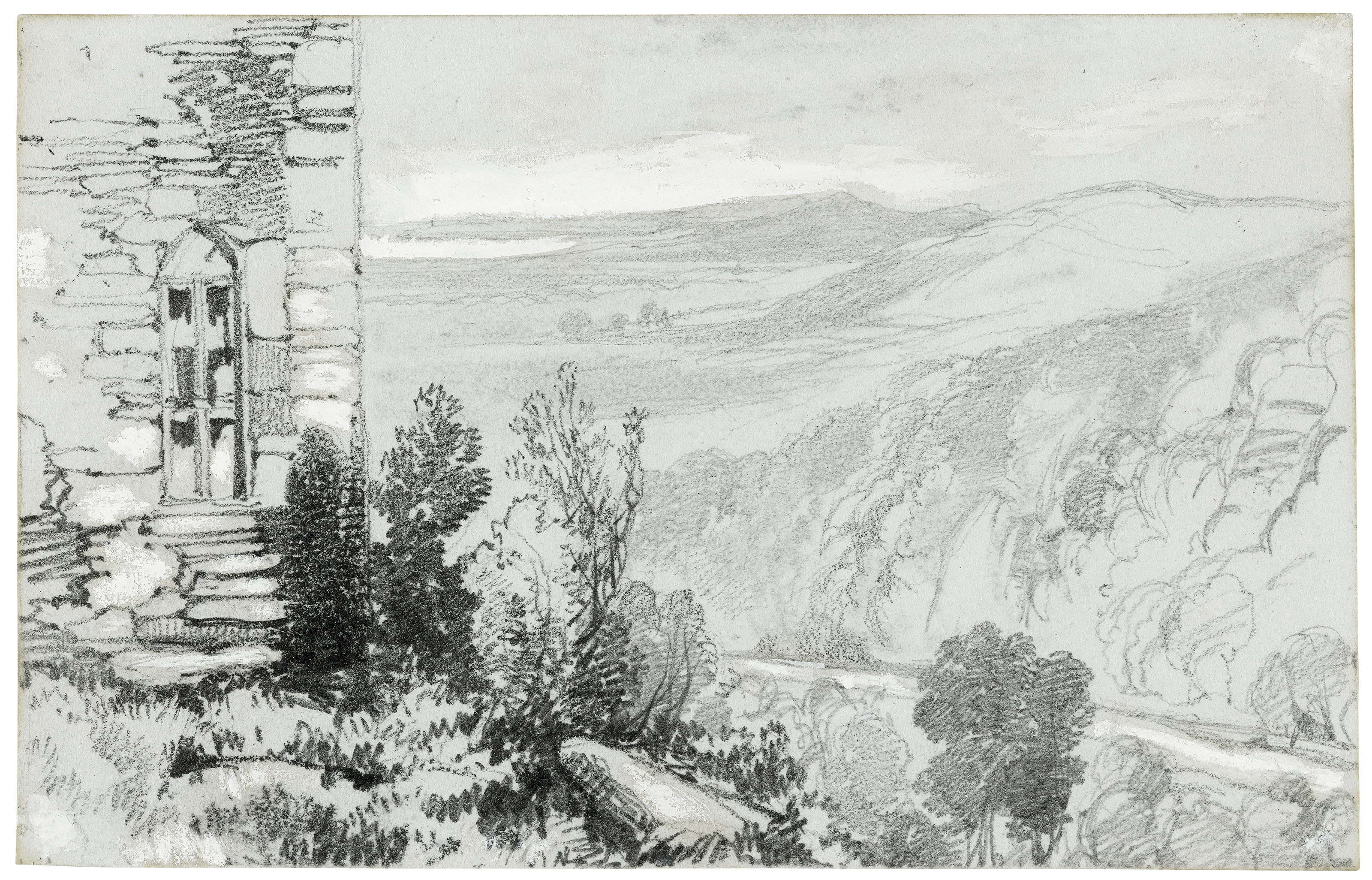 Edward Lear — Два вида на башни в Клондалкин-Тауэр, графство Дублин; один - на башню Глендалоу, графство Уиклоу; и банкетный зал в поместье Бельвью с видом на Уиклоу-Хед., изображение 4