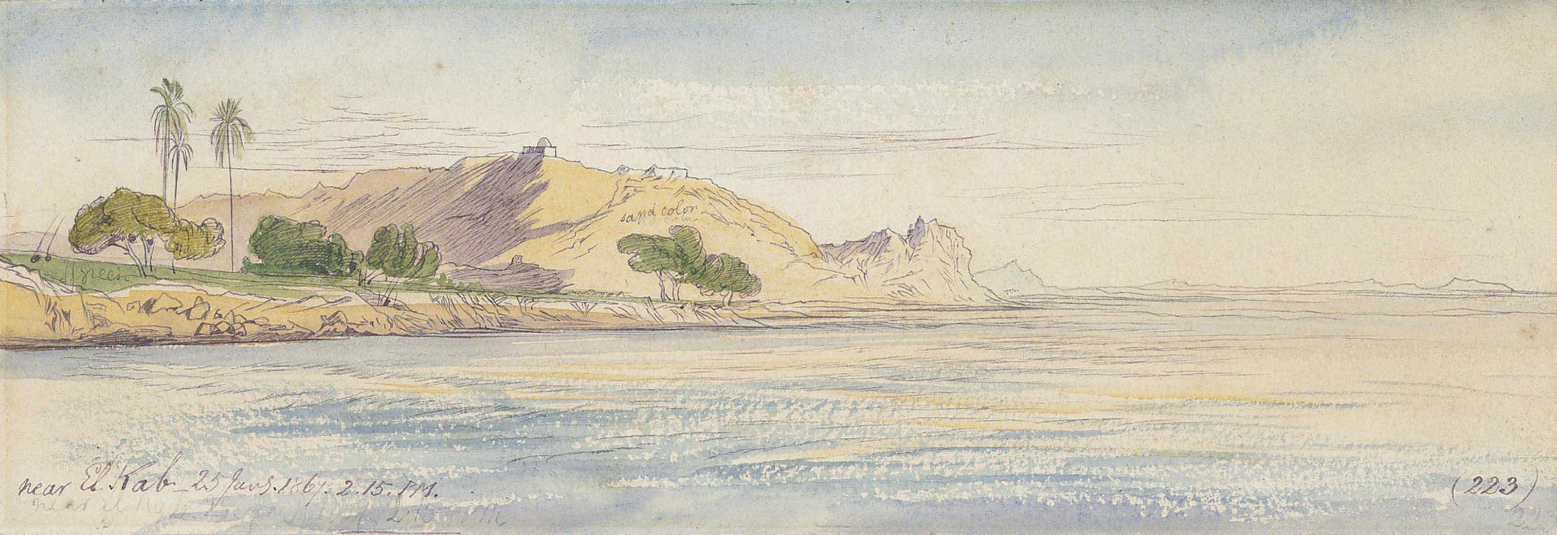 Edward Lear — Вид недалеко от Эль-Каба, Вади Халлал, Египет