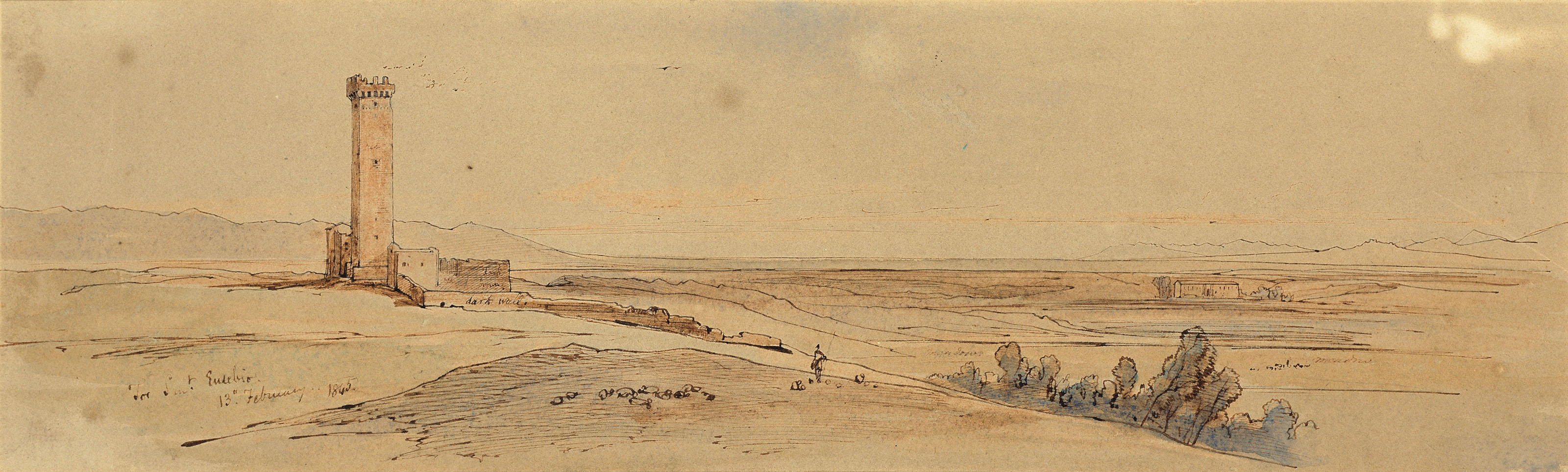 Edward Lear — Перевал Монте-д'Оро на Корсике; Башня Сан-Эусебио; Фигуры, загружающие баржу; Башня в Кампанье, Рим; и замок на вершине прибрежного холма., изображение 2