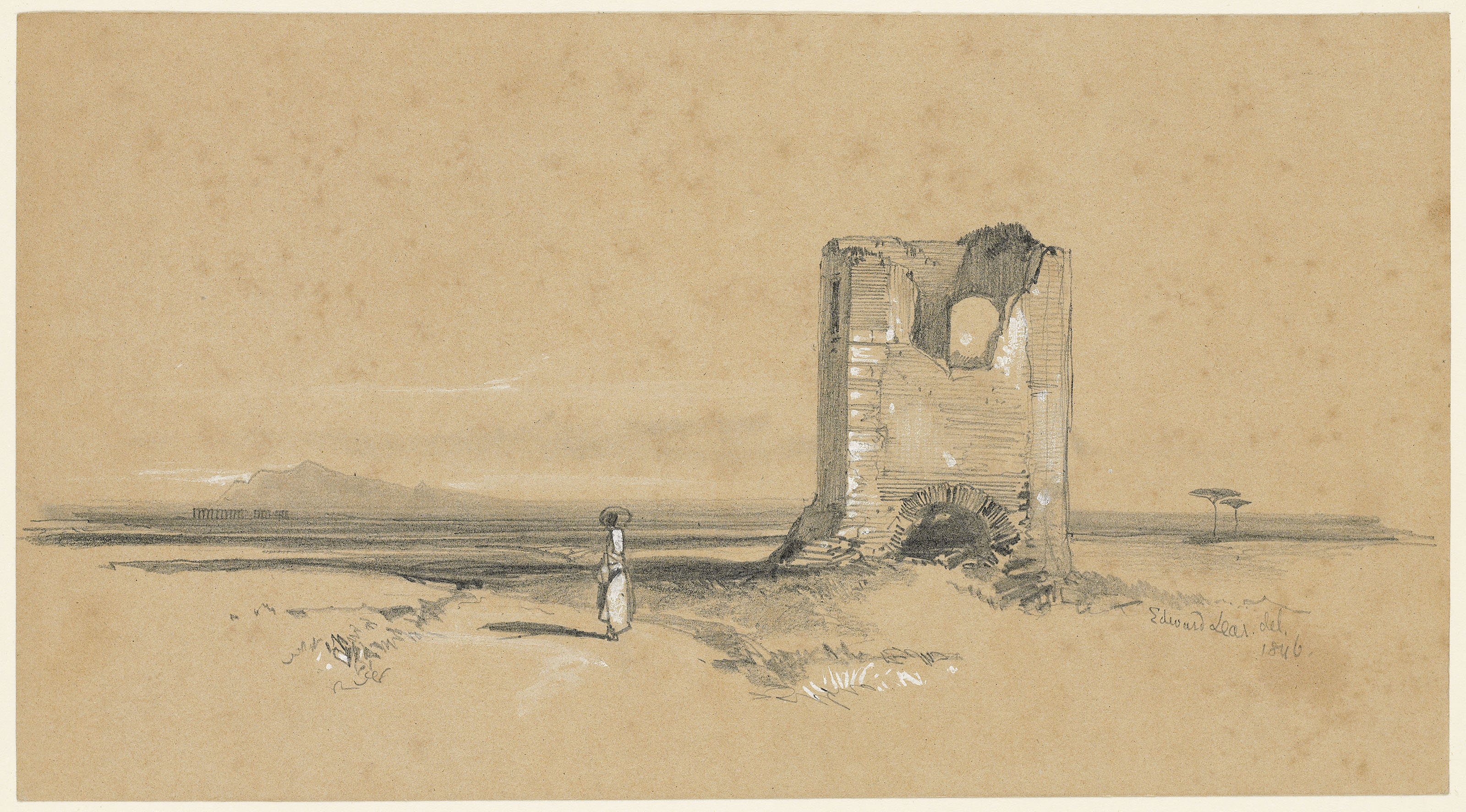 Edward Lear — Перевал Монте-д'Оро на Корсике; Башня Сан-Эусебио; Фигуры, загружающие баржу; Башня в Кампанье, Рим; и замок на вершине прибрежного холма., изображение 4