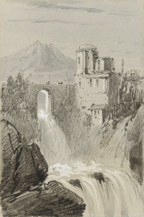 Edward Lear — Замок у водопада, а за ним - гора