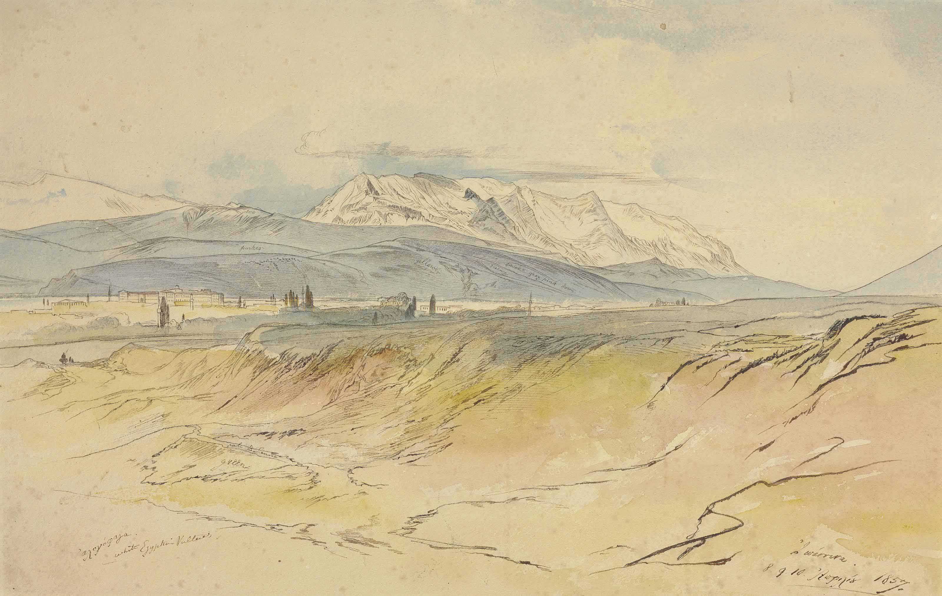 Edward Lear — Обширный вид на Янину (Ioannina), Грецию, горы за ее пределами