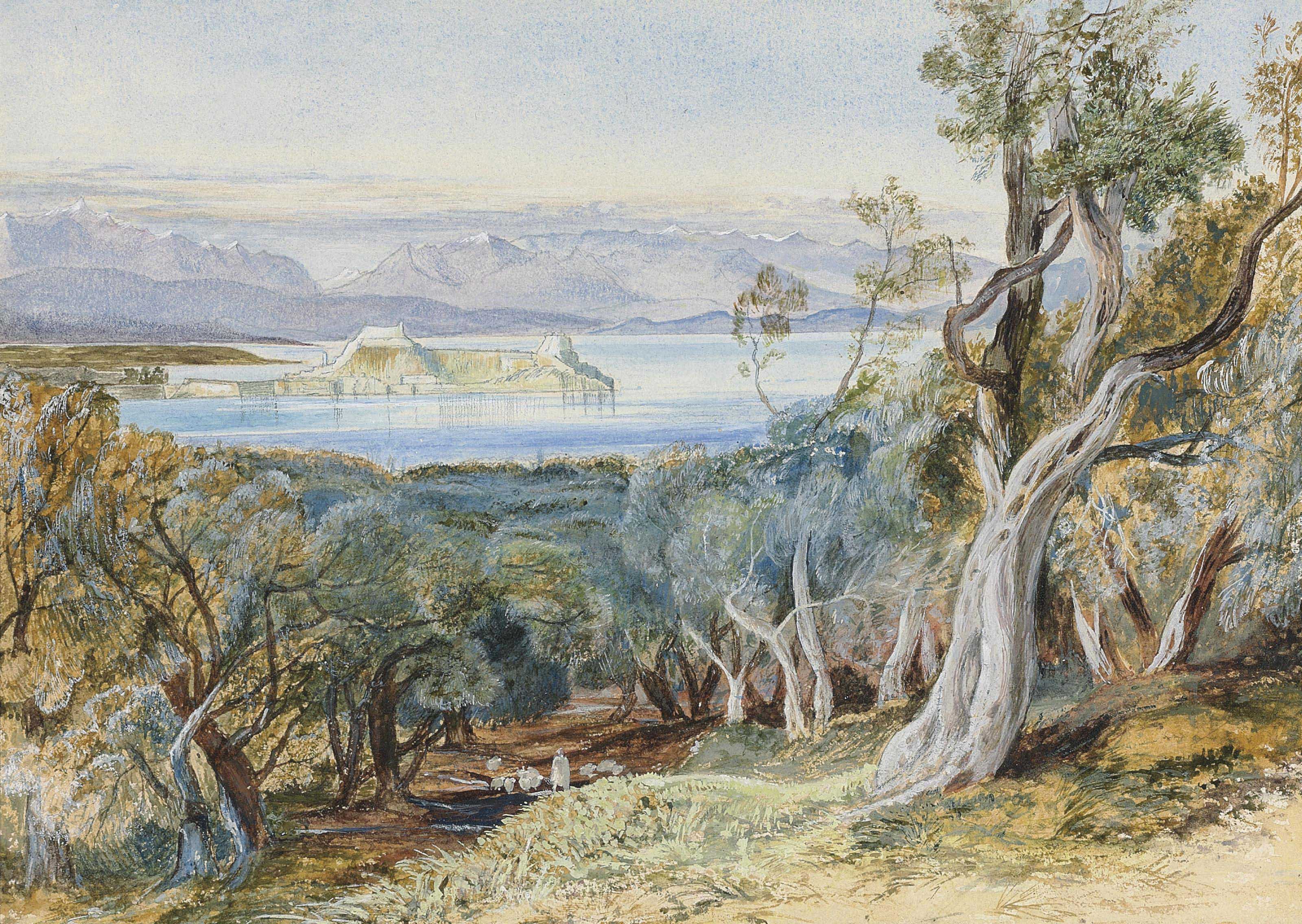 Edward Lear — Отдаленный вид на цитадель из Аналипсиса, Корфу