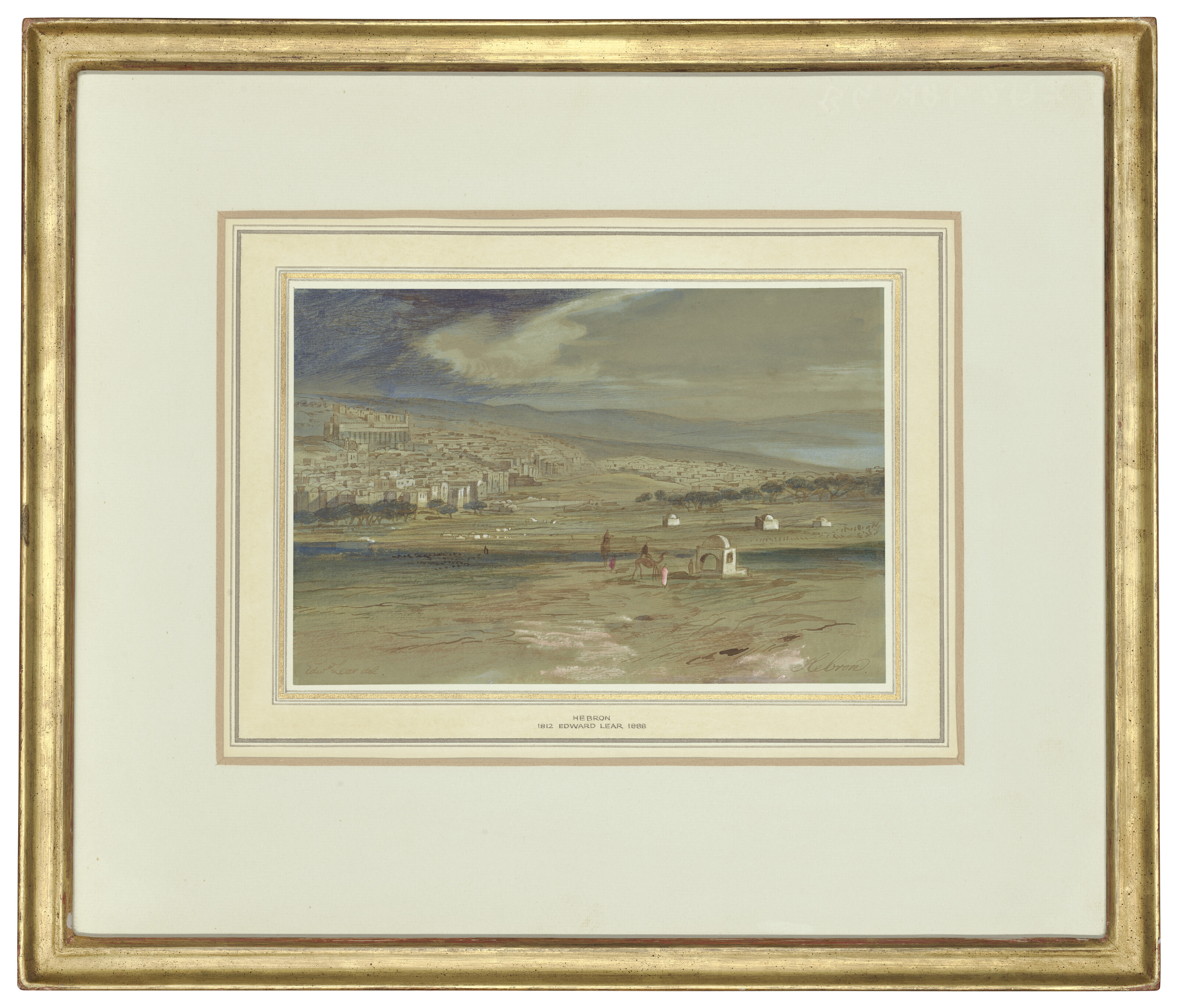 Edward Lear — Вид на город Хеврон с верблюдами и фигурами на переднем плане, изображение 2