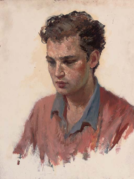 Edward Seago — Портрет Джереми Спенсера (р.1937), во весь рост, в красном джемпере и синей рубашке