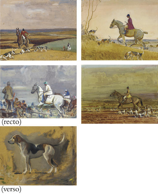 Edward Seago — Далеко-далеко; Горное укрытие; Охотник, скачущий по пашне; Старт (прямой ) и этюд Гончей (оборотная сторона).