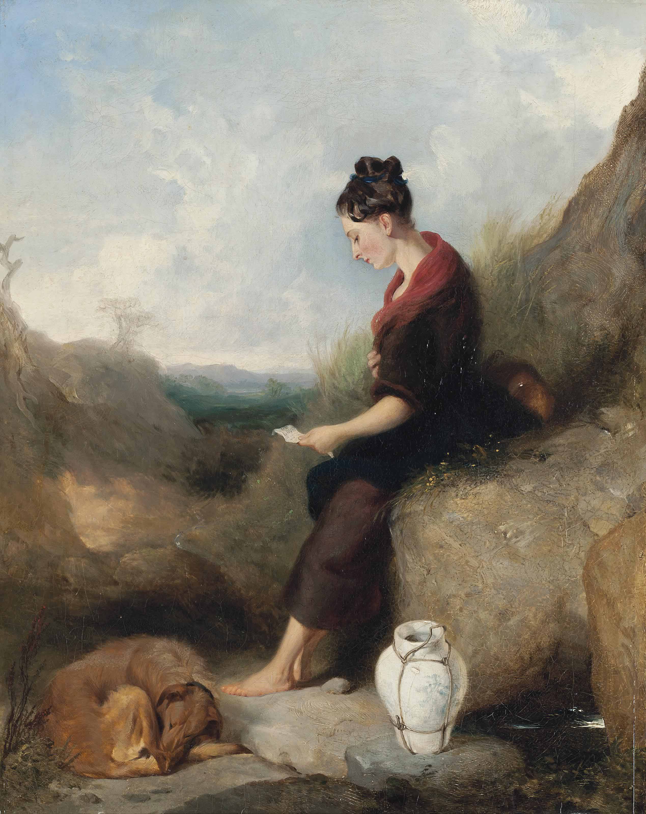 Edwin Henry Landseer — Молодая девушка сидела на камне и читала письмо, а у ее ног свернулась калачиком собака