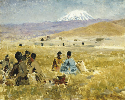 Edwin Lord Weeks — Персы обедают на траве, вдали видна гора Арарат.
