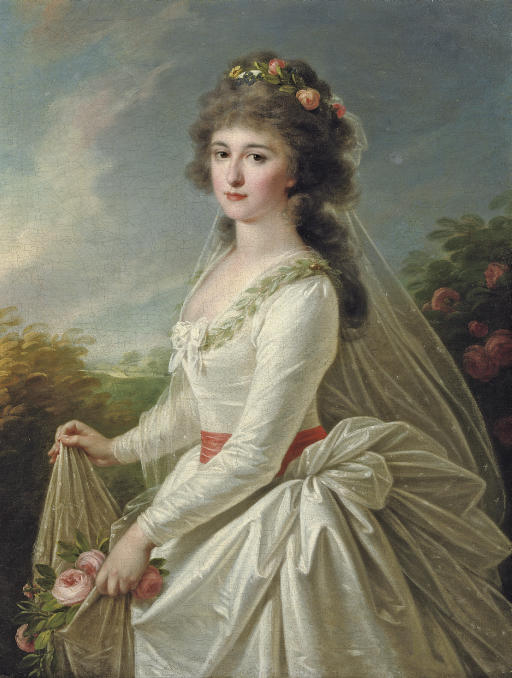 Elisabeth Louise Vigée Le Brun — Портрет молодой леди в три четверти роста, в белом платье, с розовыми розами в руках