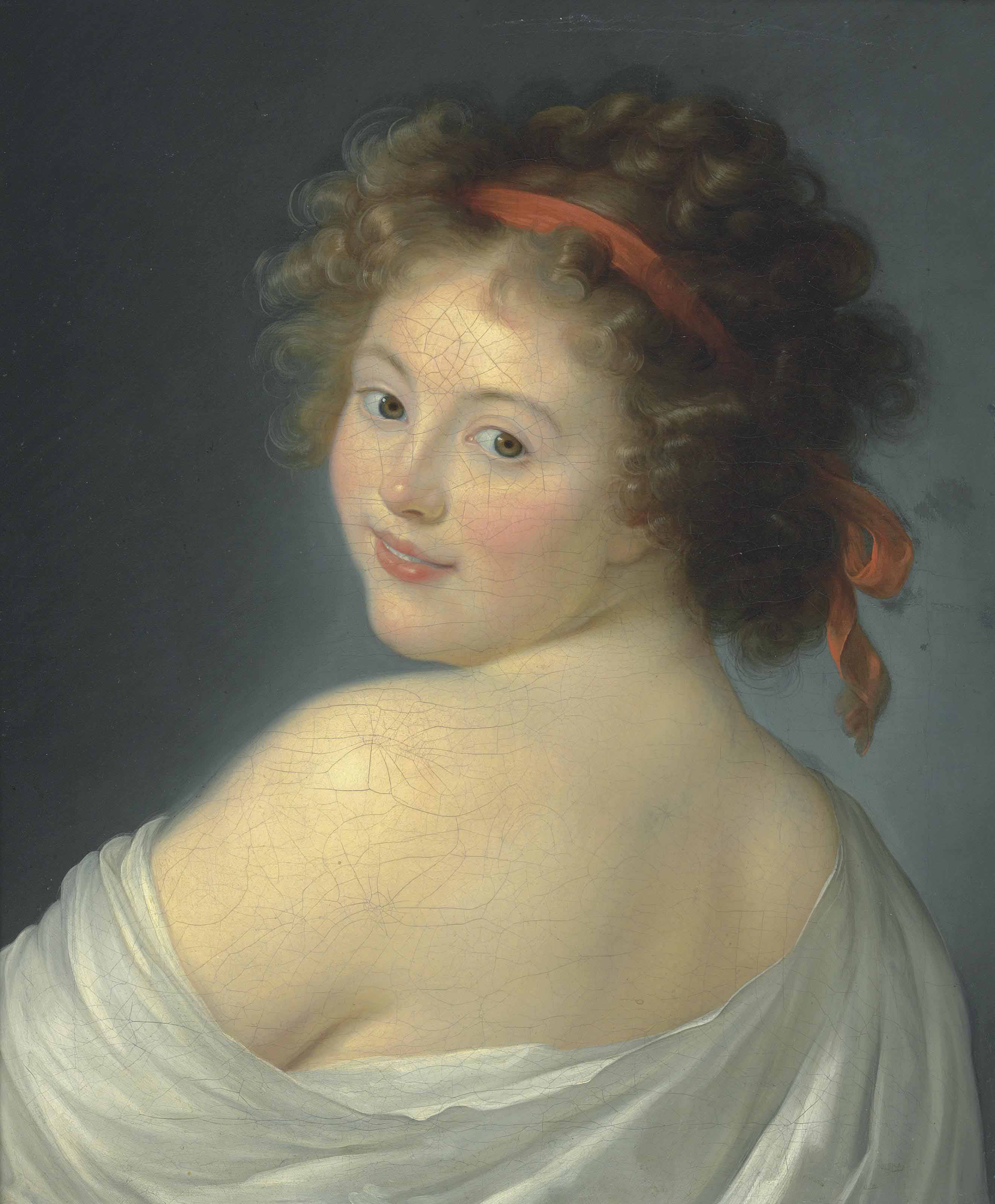 Elisabeth Louise Vigée Le Brun — Портрет женщины, которую традиционно называют графиней Потоцкой, в полный рост, в белой накидке и с красной лентой в волосах